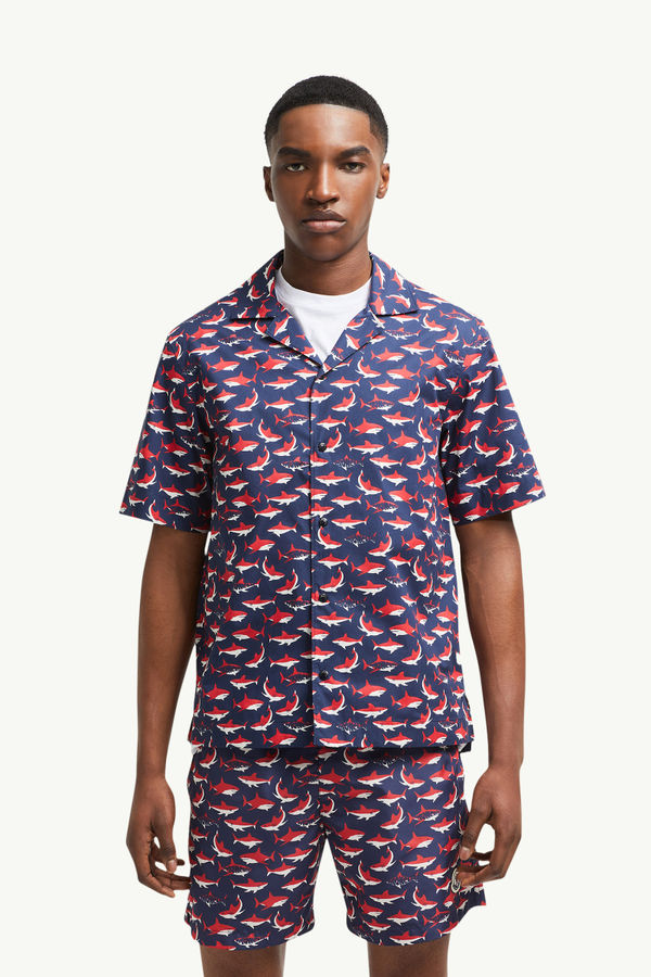 Shark Print Cotton Short Sleeve Shirt Men White & Blue & Red Moncler 3