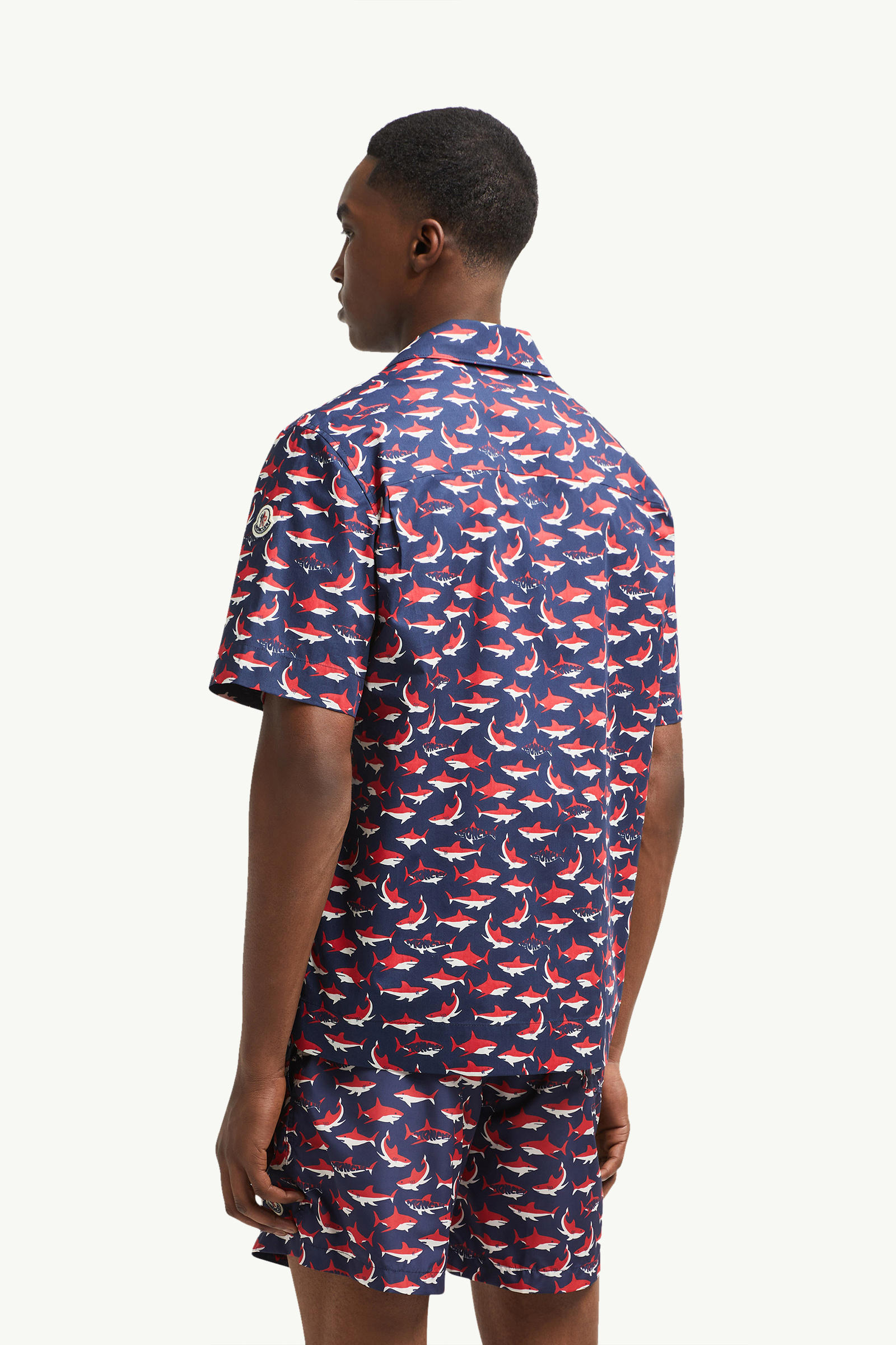 Shark Print Cotton Short Sleeve Shirt Men White & Blue & Red Moncler 4