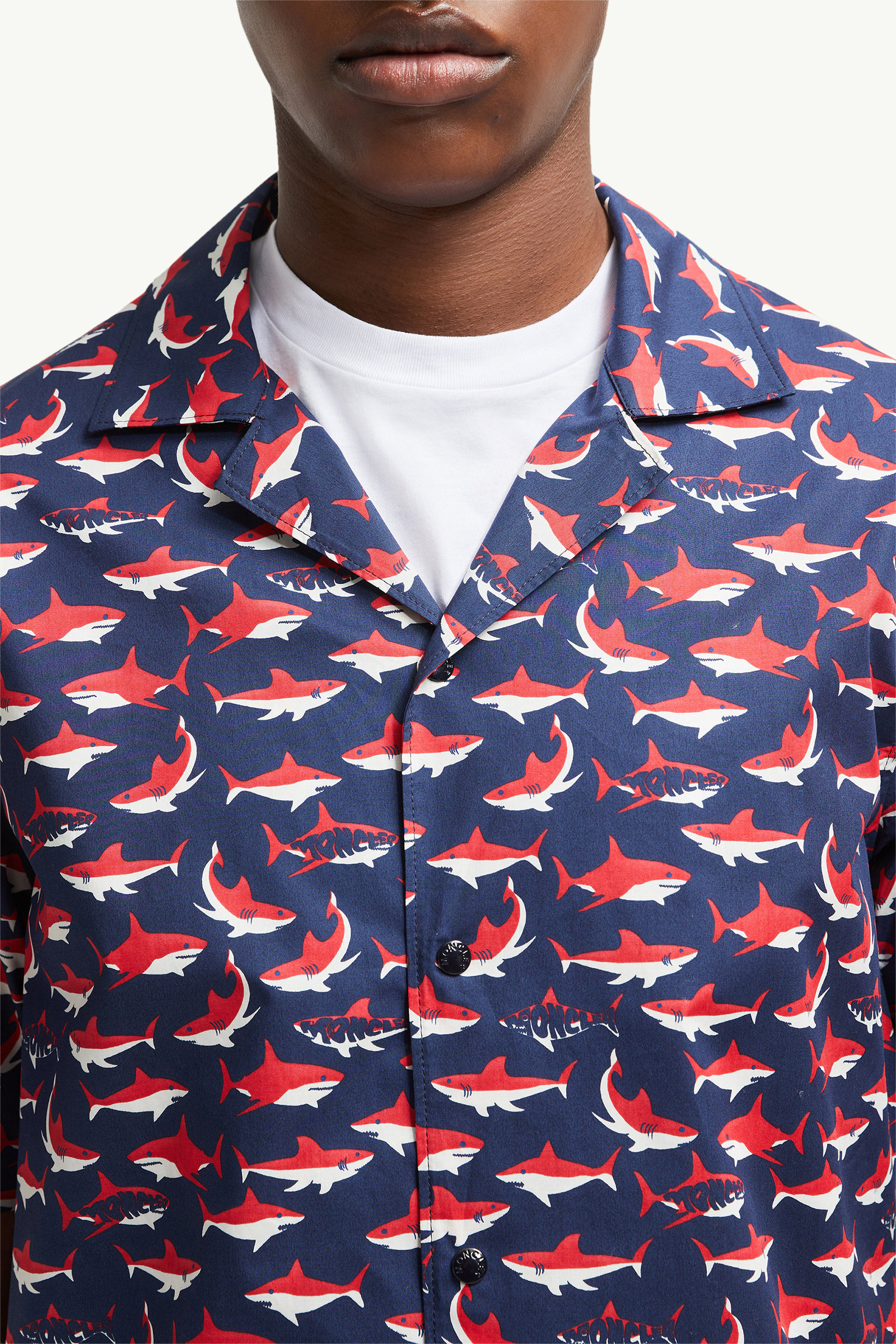 Shark Print Cotton Short Sleeve Shirt Men White & Blue & Red Moncler 5