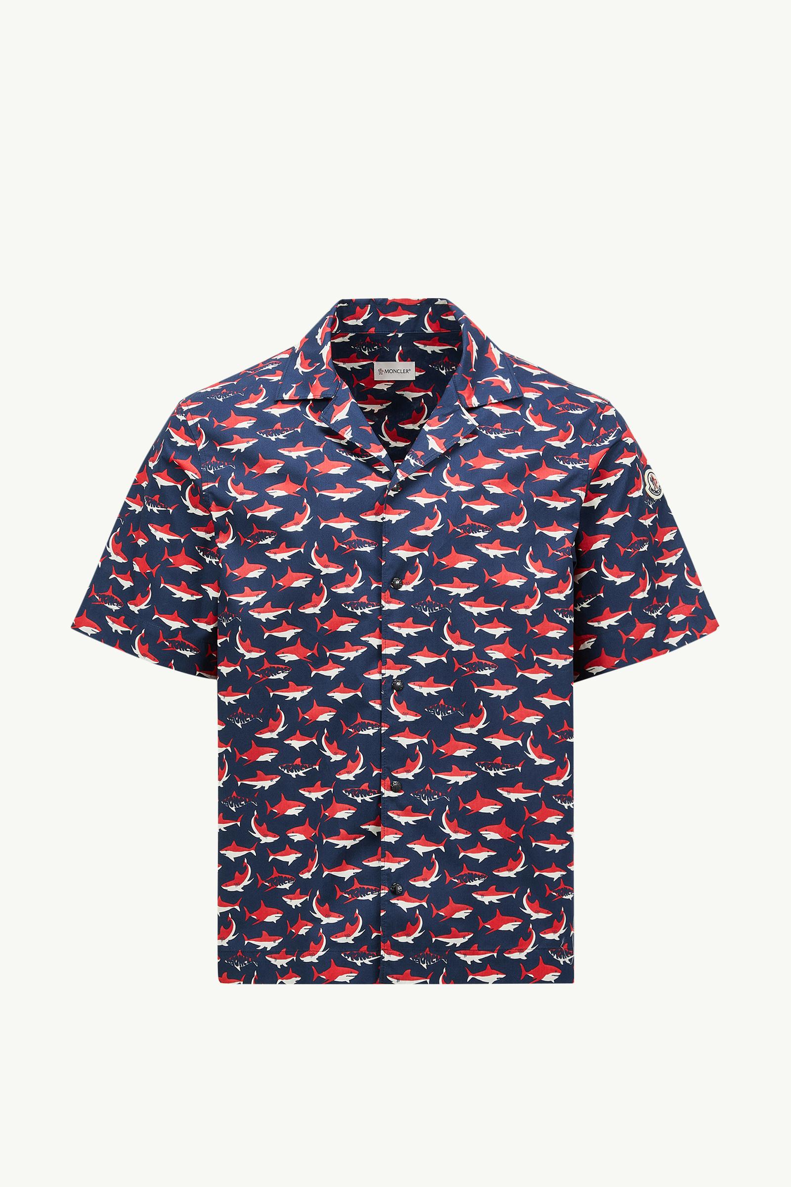White & Blue & Red Shark Print Cotton Short Sleeve Shirt - Shirts