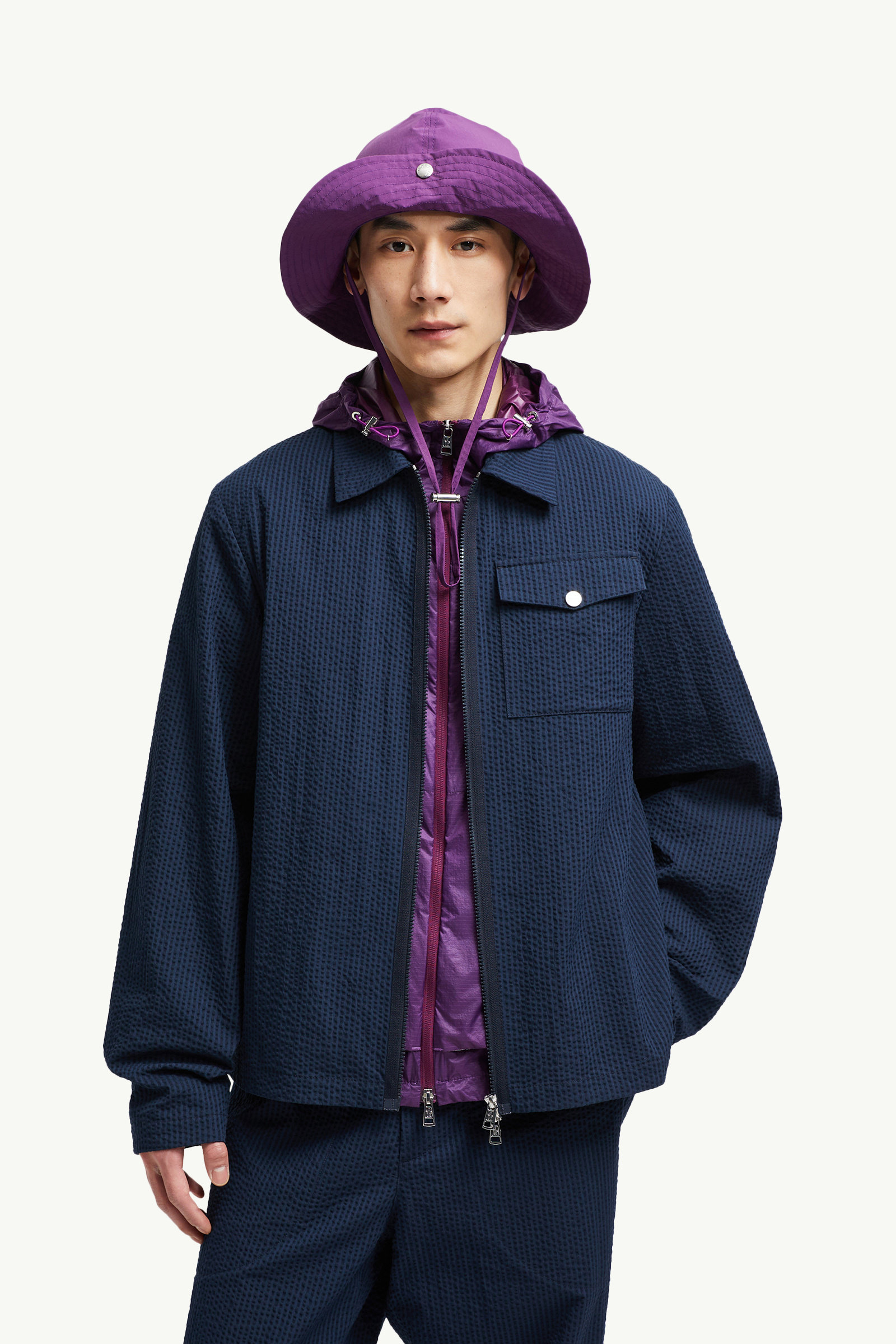 Seersucker Shirt Jacket Men Dark Blue Moncler 0