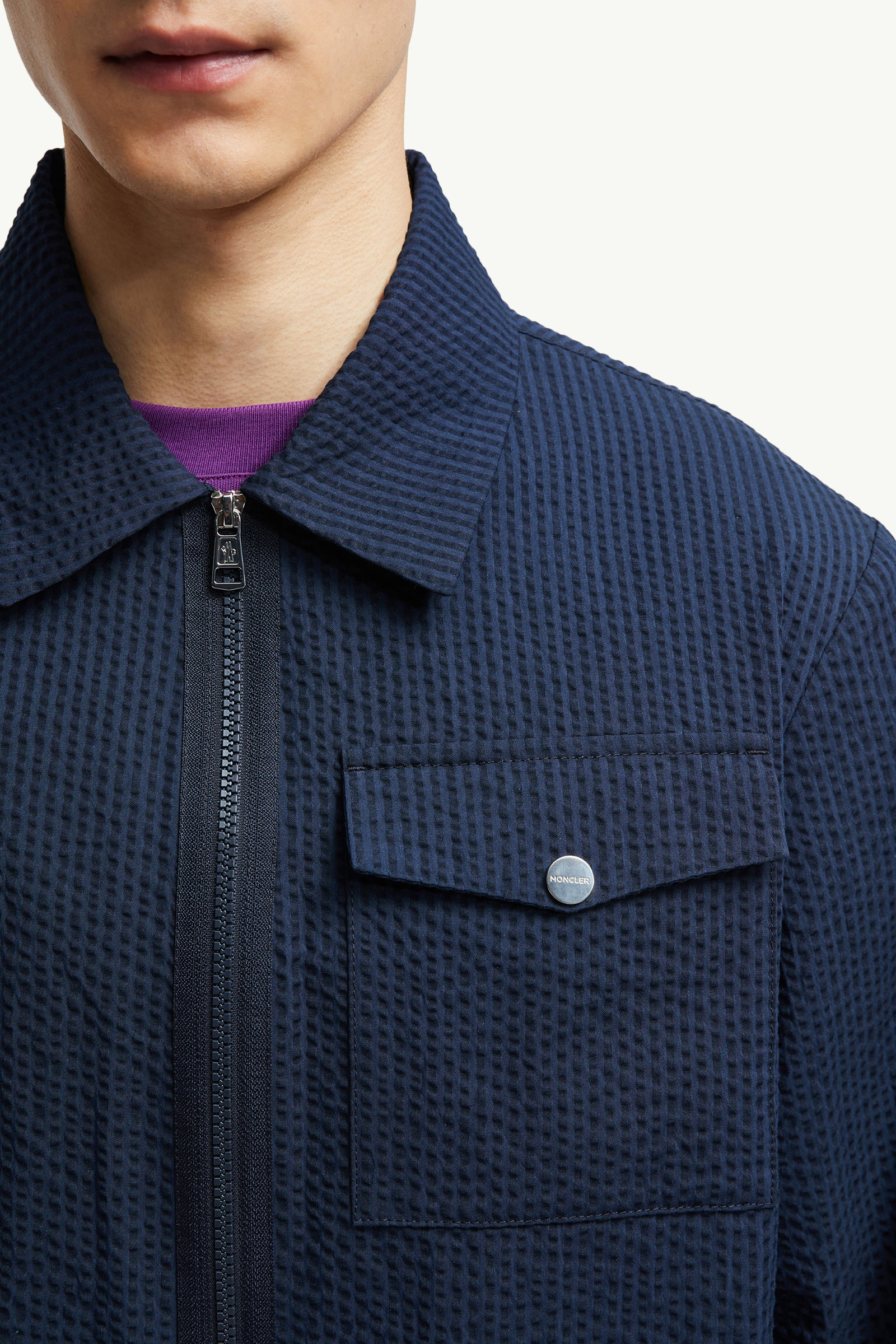 Seersucker Shirt Jacket Men Dark Blue Moncler 5
