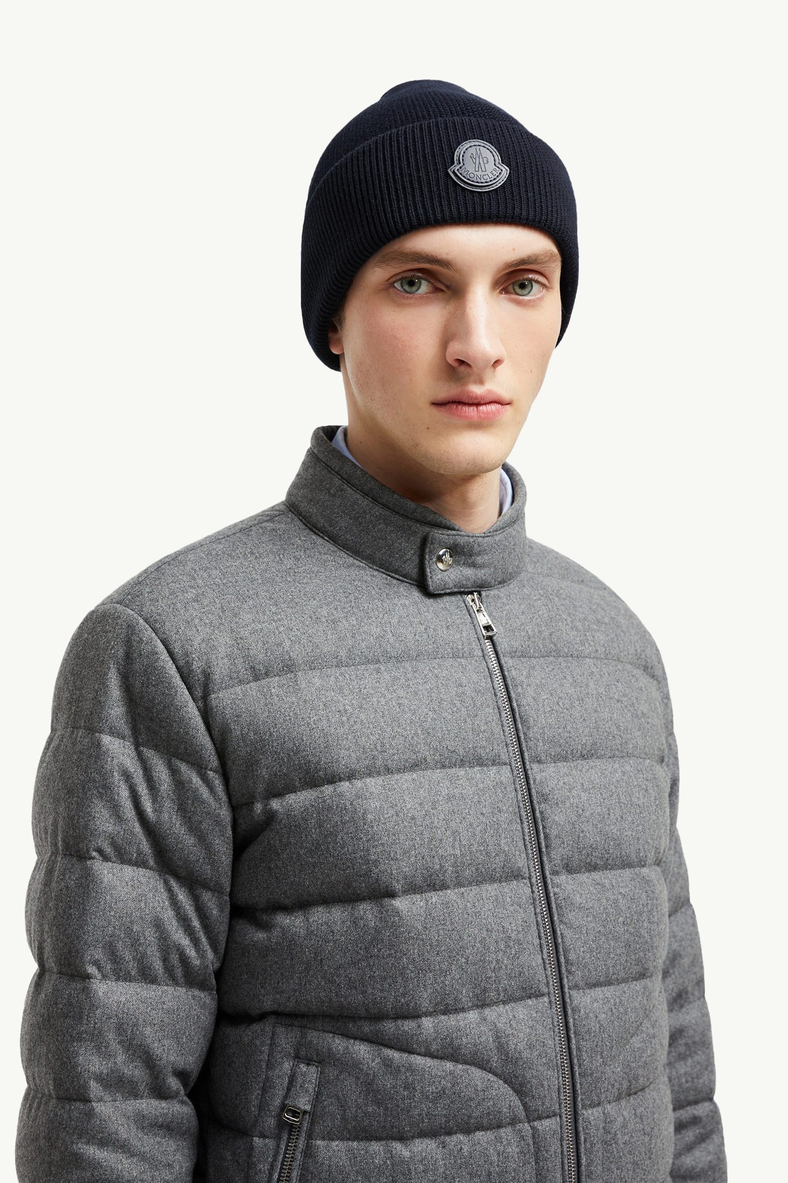 Leather Logo Cotton & Cashmere Beanie Men Dark Blue Moncler 1