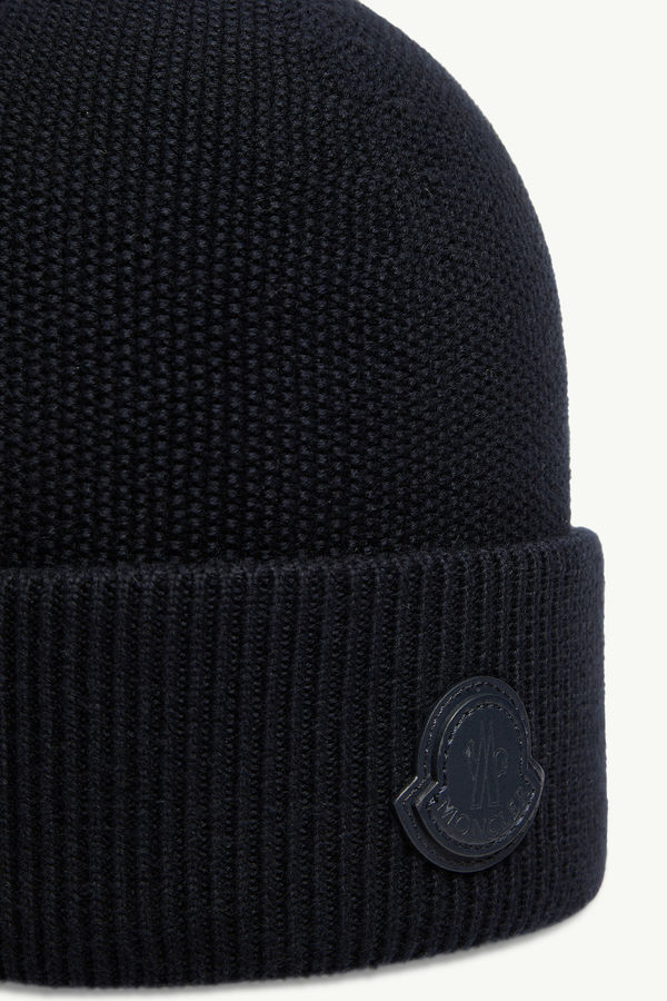 Leather Logo Cotton & Cashmere Beanie Men Dark Blue Moncler 2