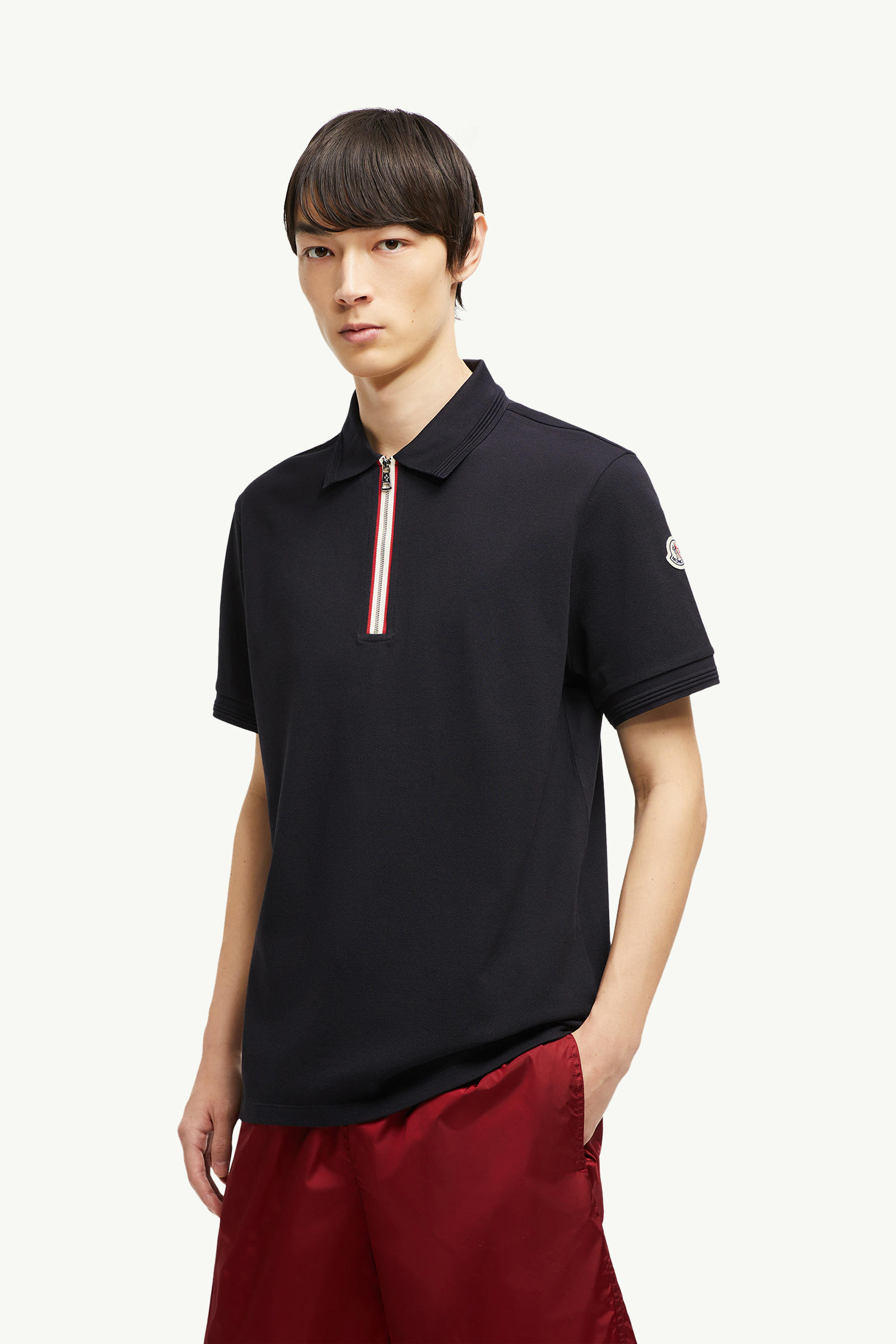 Tricolour Trim Cotton Piquet Polo Shirt Men Dark Blue Moncler 0