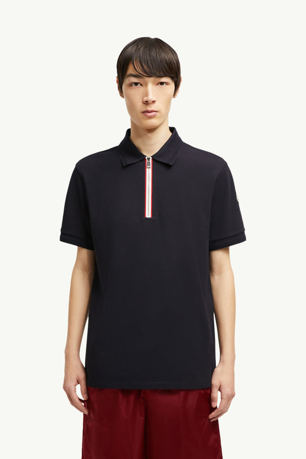 Polo en piqué de coton à bordure tricolore Hommes Bleu foncé Moncler 3