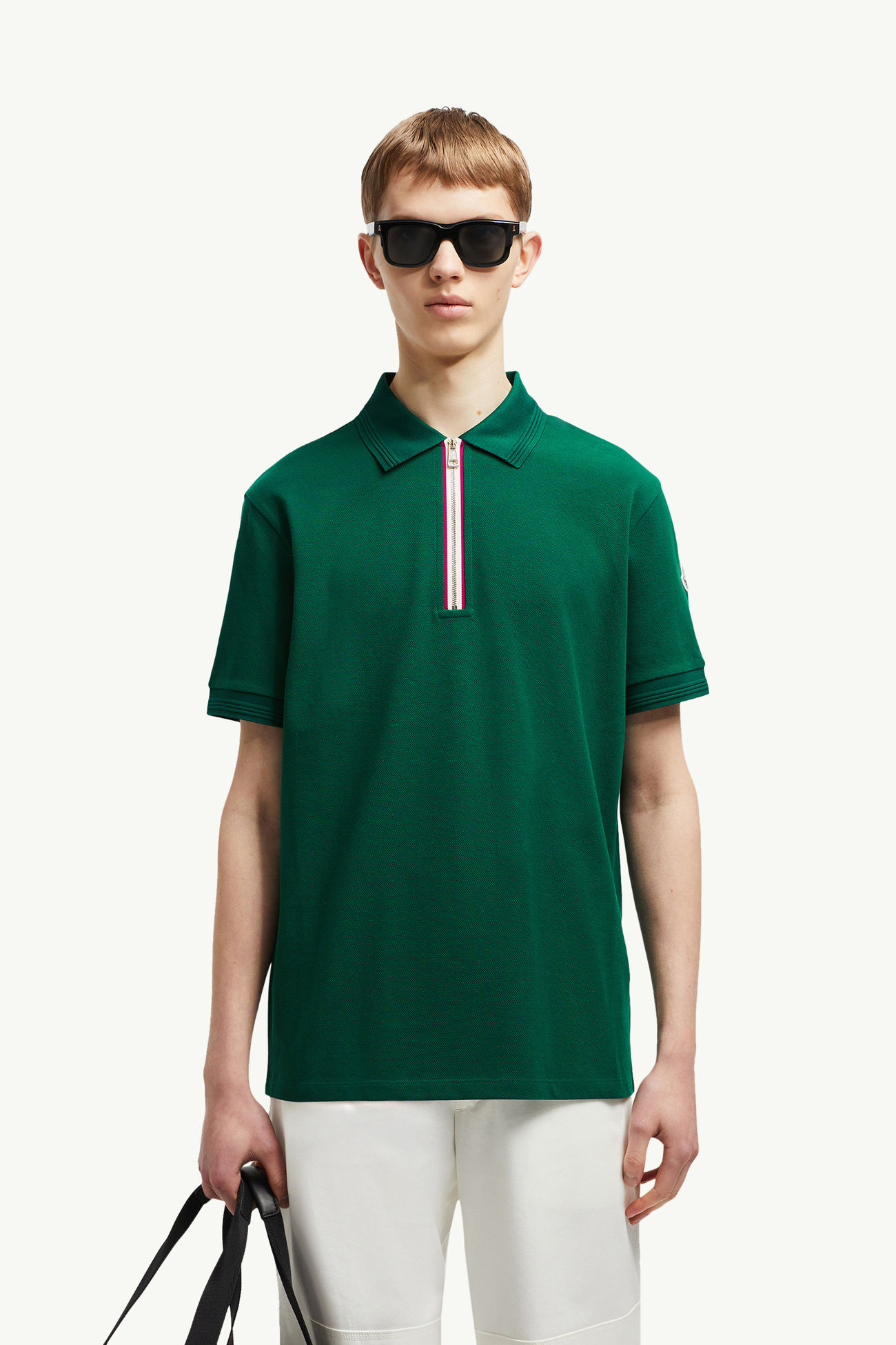 Tricolour Trim Cotton Piquet Polo Shirt Men Emerald Green Moncler 0