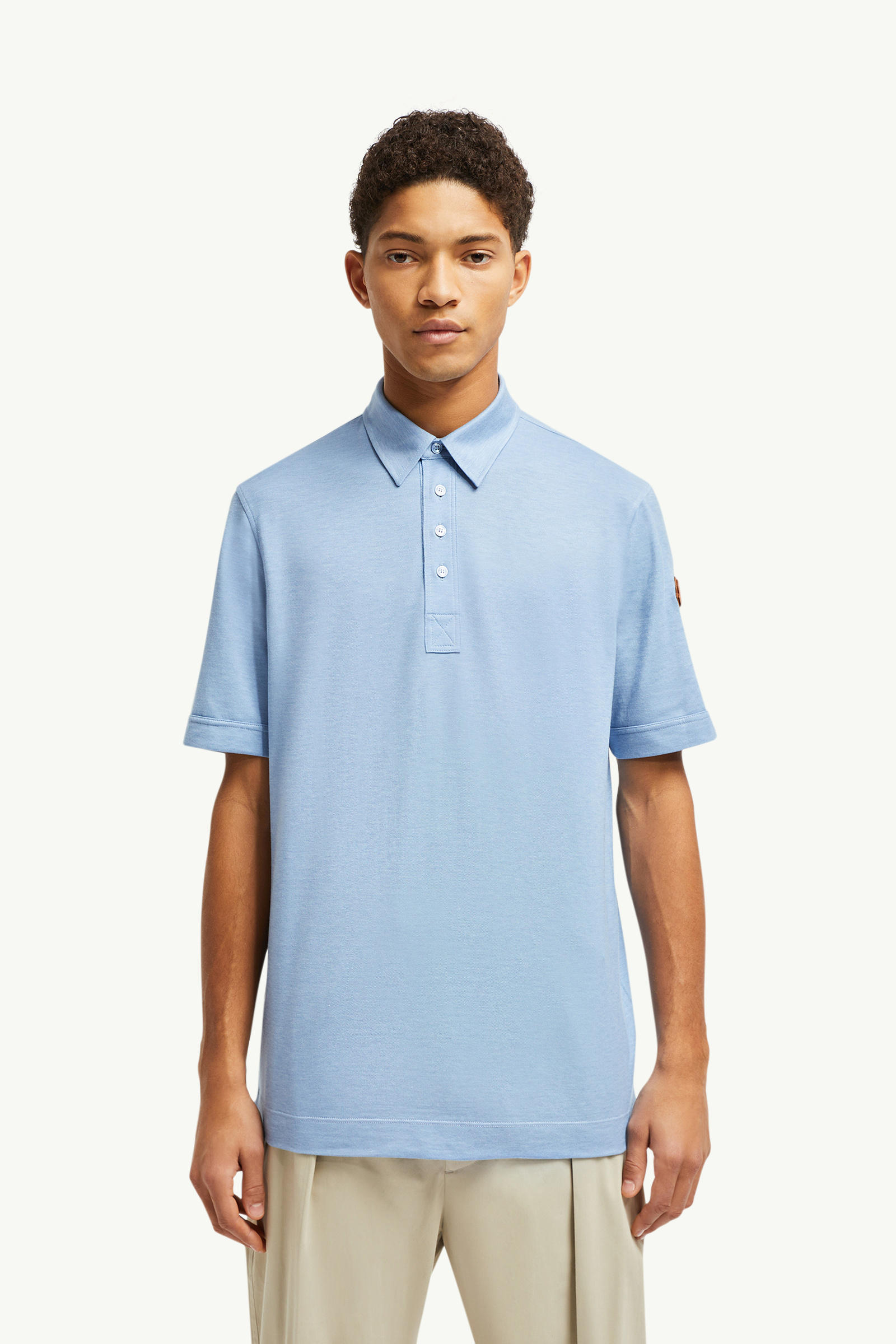 Double Leather Logo Cotton Polo Shirt Men Light Blue Moncler 0