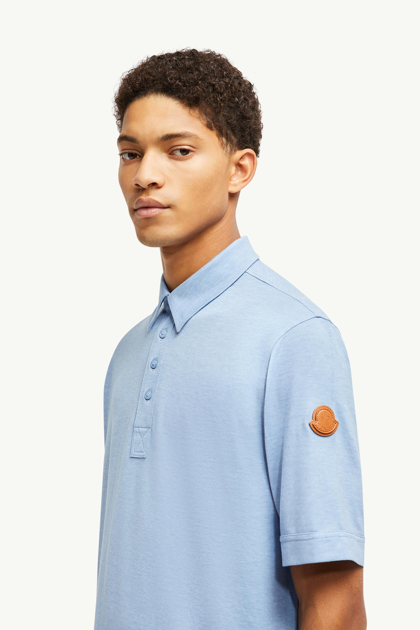Double Leather Logo Cotton Polo Shirt Men Light Blue Moncler 1