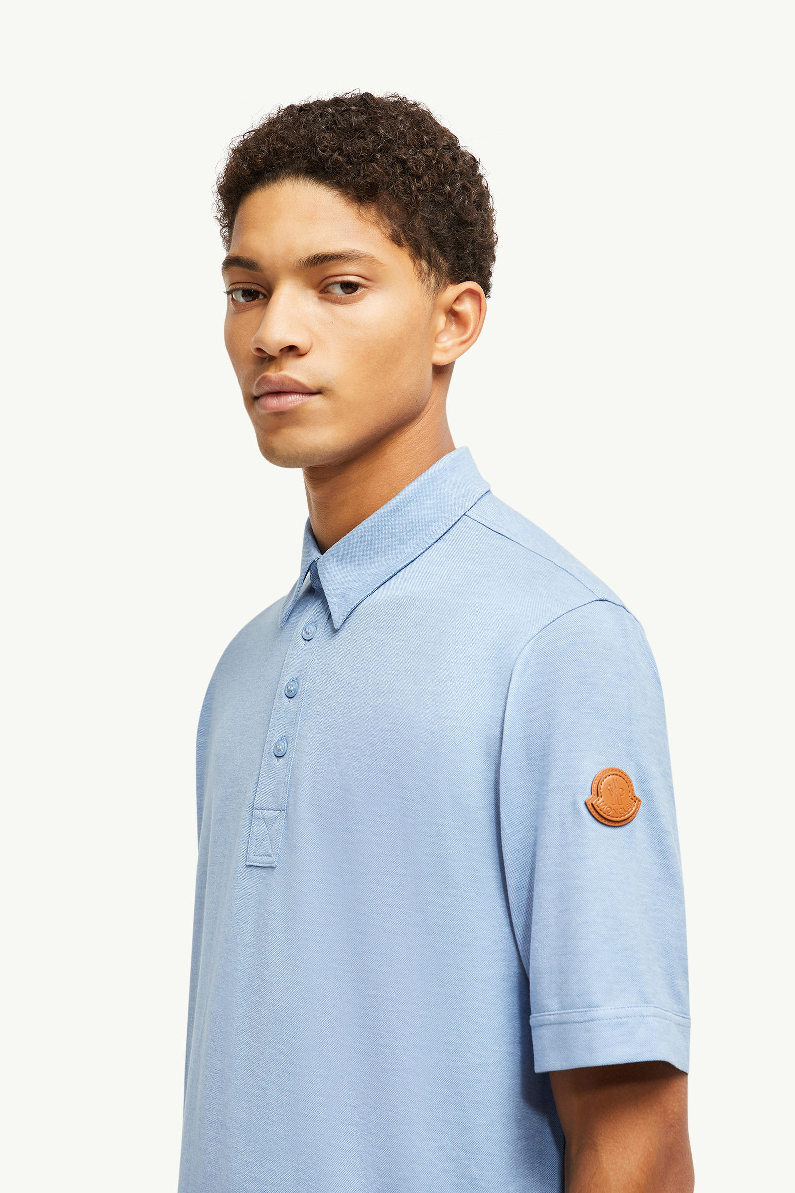 Double Leather Logo Cotton Polo Shirt Men Light Blue Moncler 1