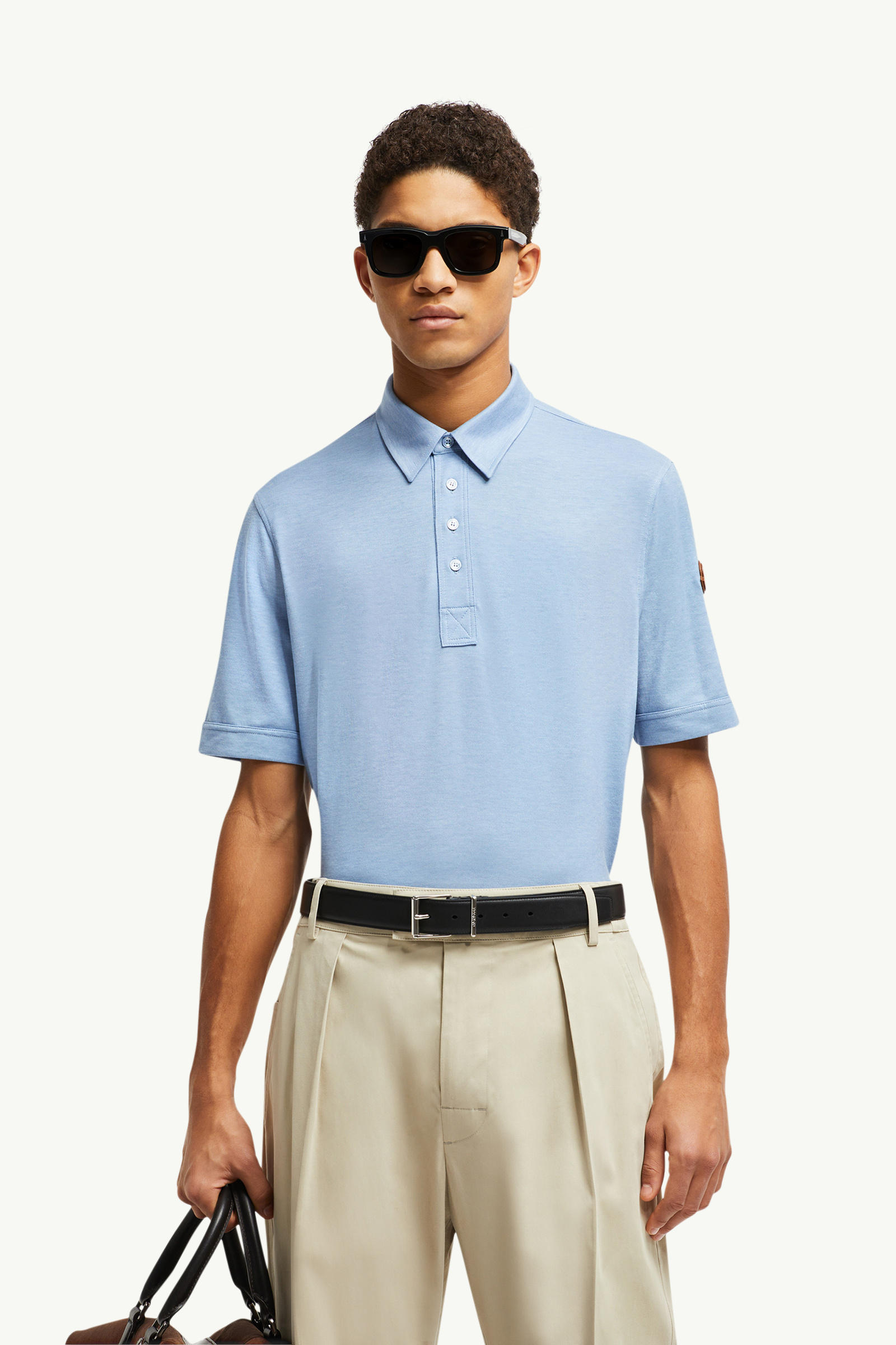Double Leather Logo Cotton Polo Shirt Men Light Blue Moncler 3