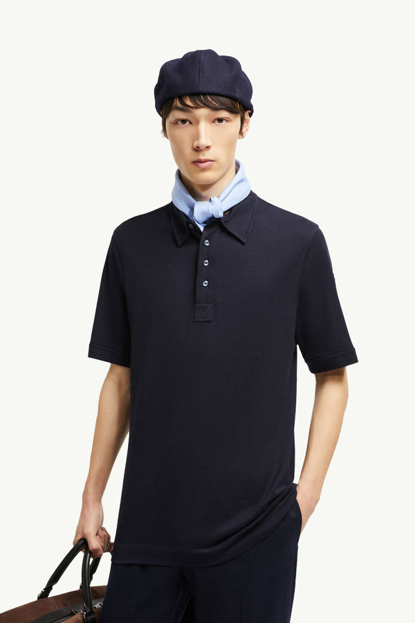 Double Leather Logo Cotton Polo Shirt Men Navy Blue Moncler 0