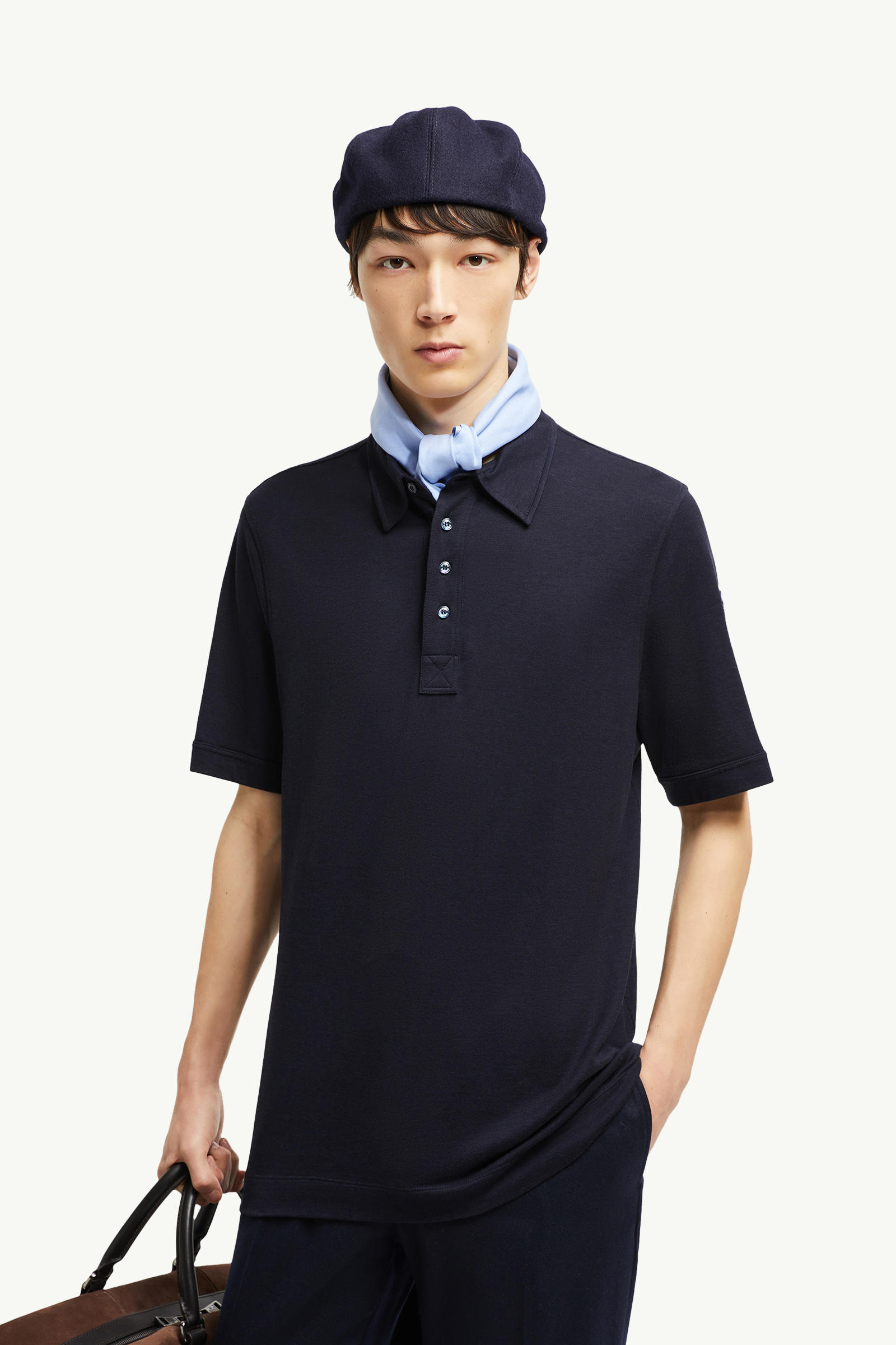 Polo in cotone con doppio logo in pelle Uomo Blu Navy Moncler 0