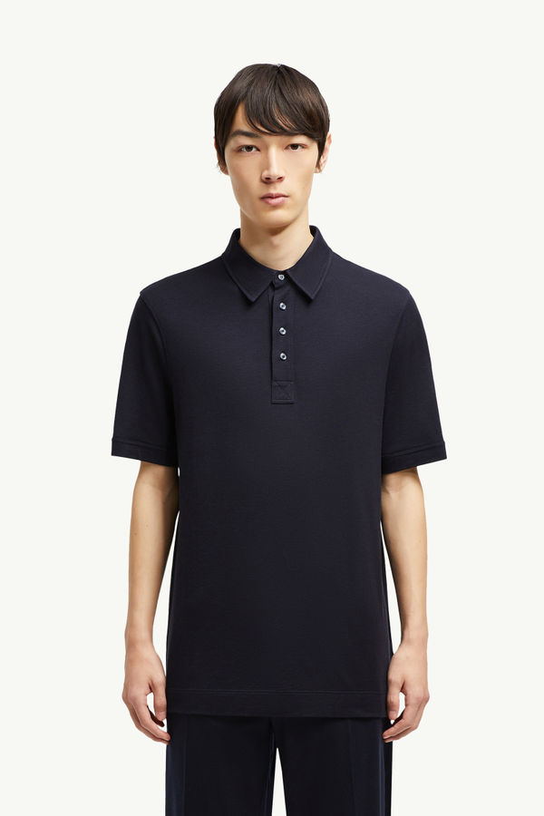 Double Leather Logo Cotton Polo Shirt Men Navy Blue Moncler 3