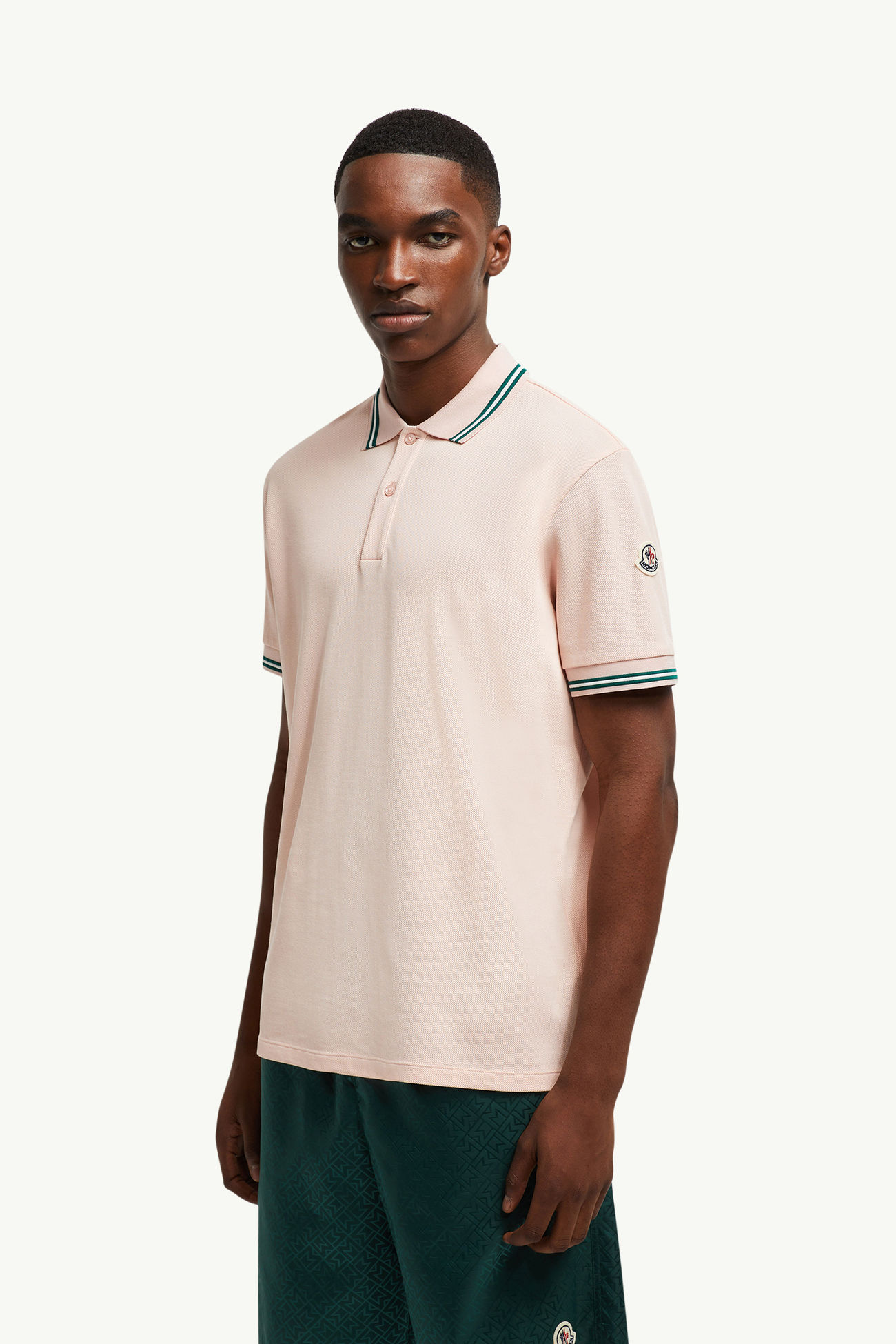 Polo de piqué de algodón con ribete de rayas Hombre Rosado claro Moncler 3