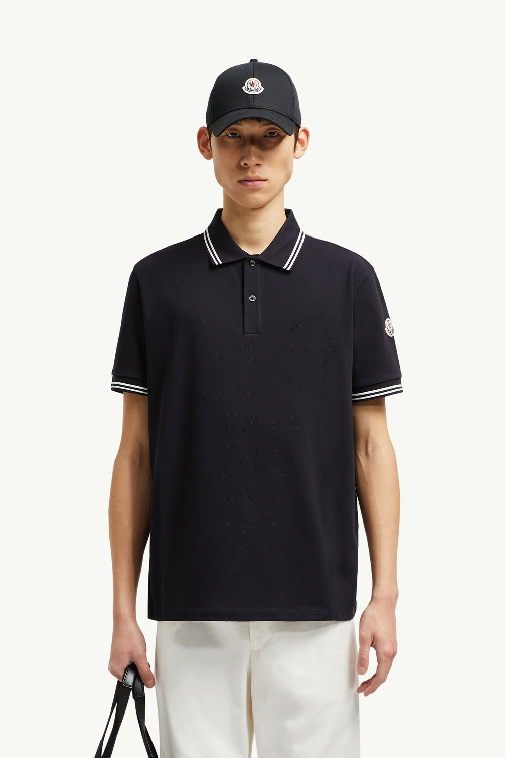 Polo de piqué de algodón con ribete de rayas Hombre Azul oscuro Moncler 0