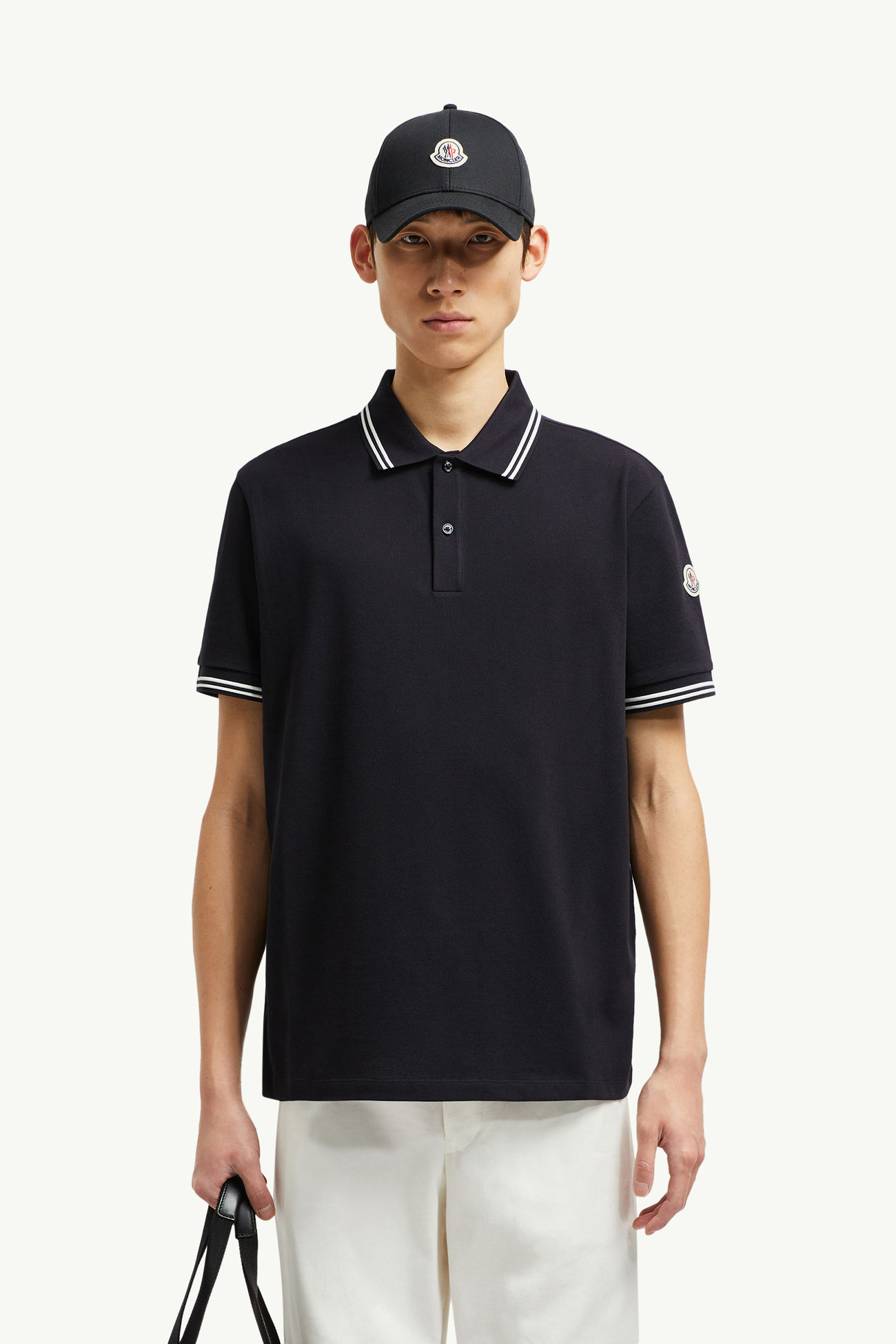 Striped Trim Cotton Piquet Polo Shirt Men Dark Blue Moncler 0