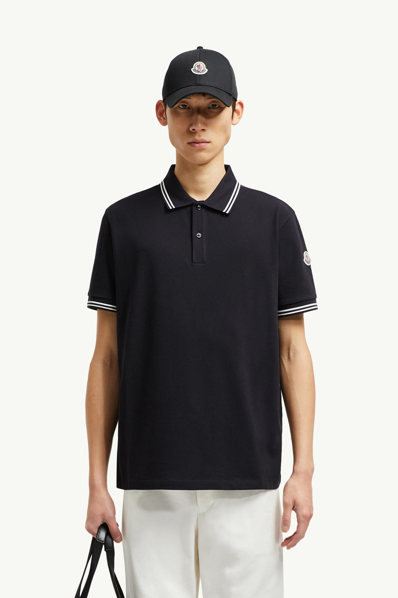 Striped Trim Cotton Piquet Polo Shirt Men Dark Blue Moncler 0