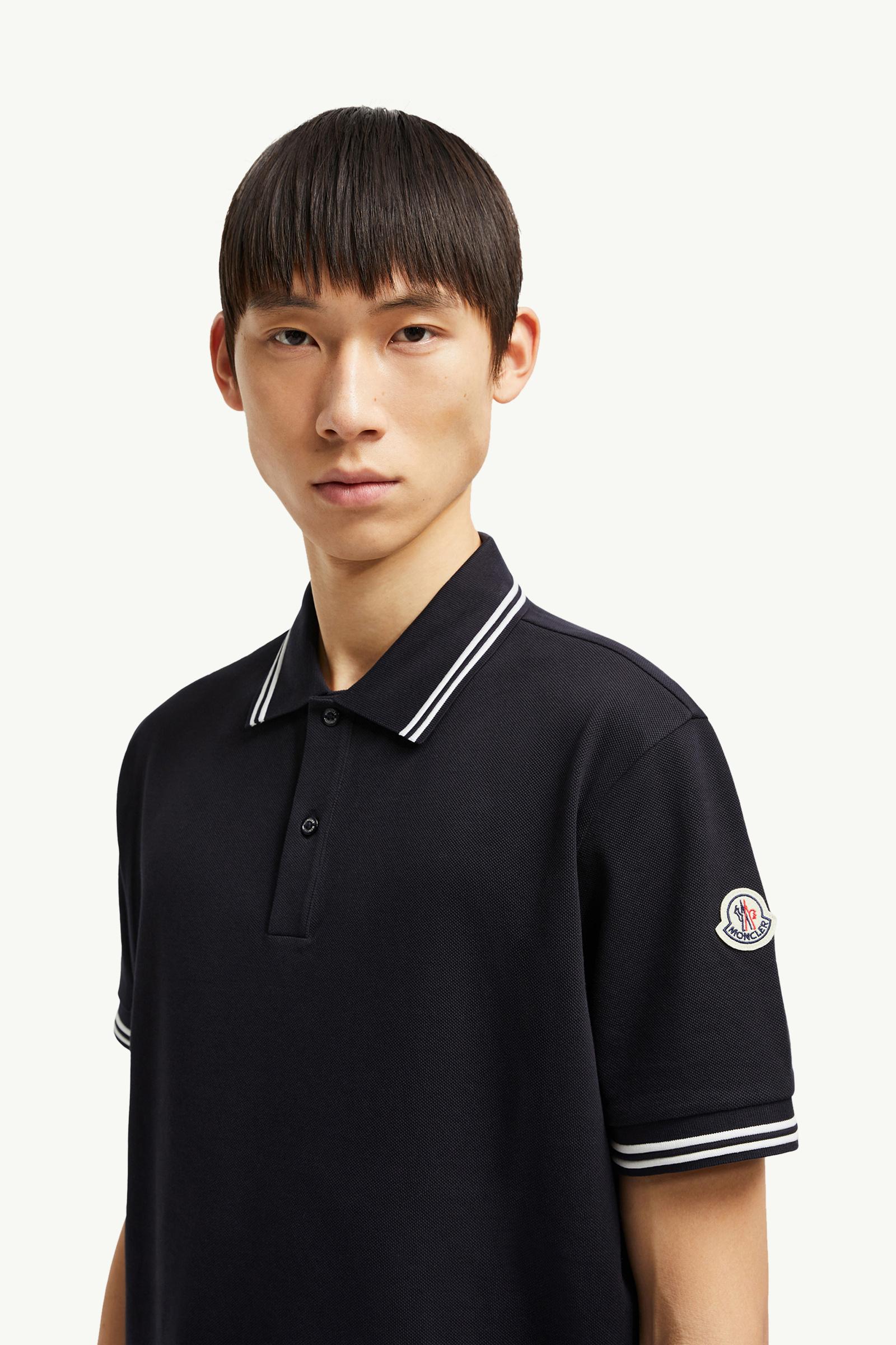 Striped Trim Cotton Piquet Polo Shirt Men Dark Blue Moncler 1