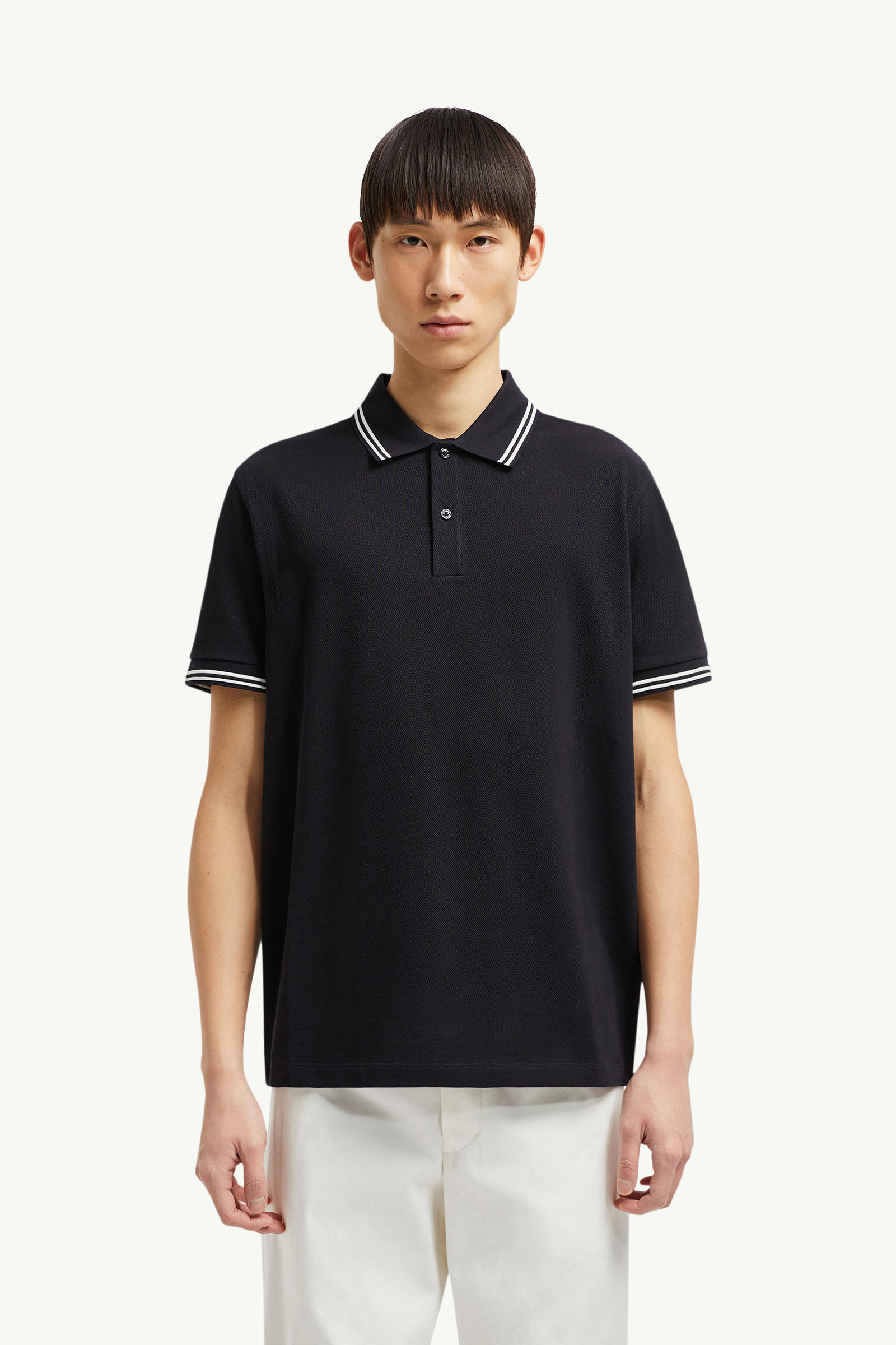 Striped Trim Cotton Piquet Polo Shirt Men Dark Blue Moncler 3