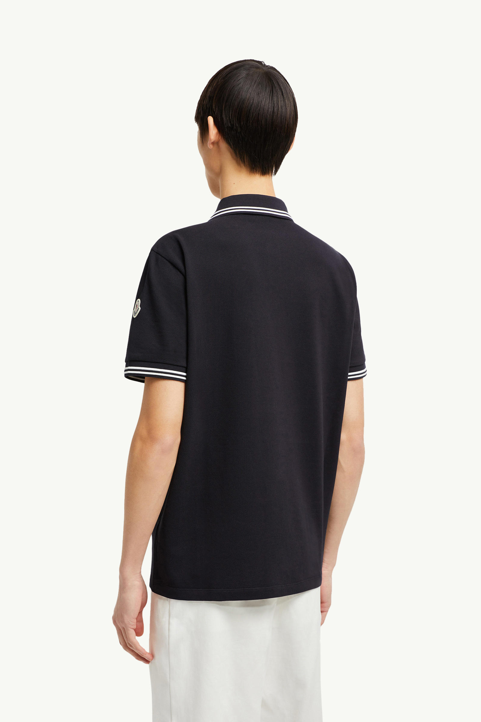 Striped Trim Cotton Piquet Polo Shirt Men Dark Blue Moncler 4
