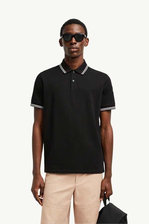 Polo en piqué de coton à bordure rayée Hommes Noir Moncler 0