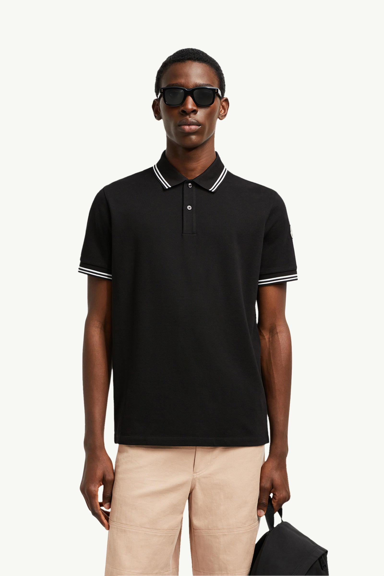 Striped Trim Cotton Piquet Polo Shirt Men Black Moncler 0