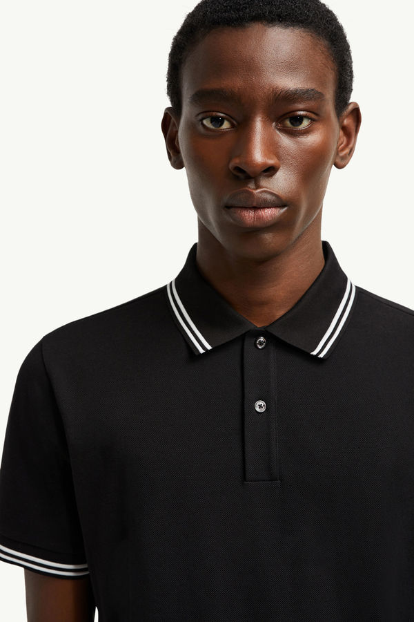 Polo en piqué de coton à bordure rayée Hommes Noir Moncler 1