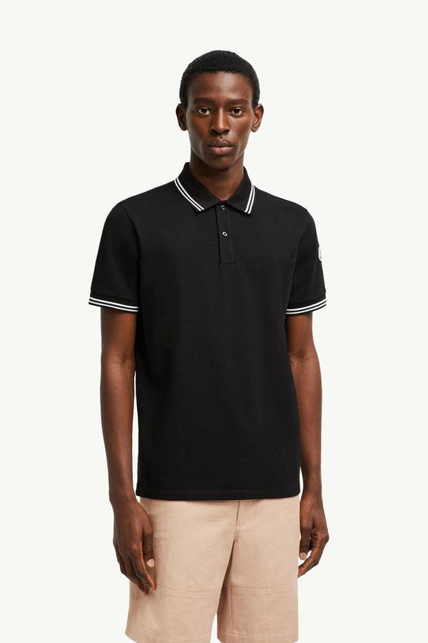 Polo en piqué de coton à bordure rayée Hommes Noir Moncler 3