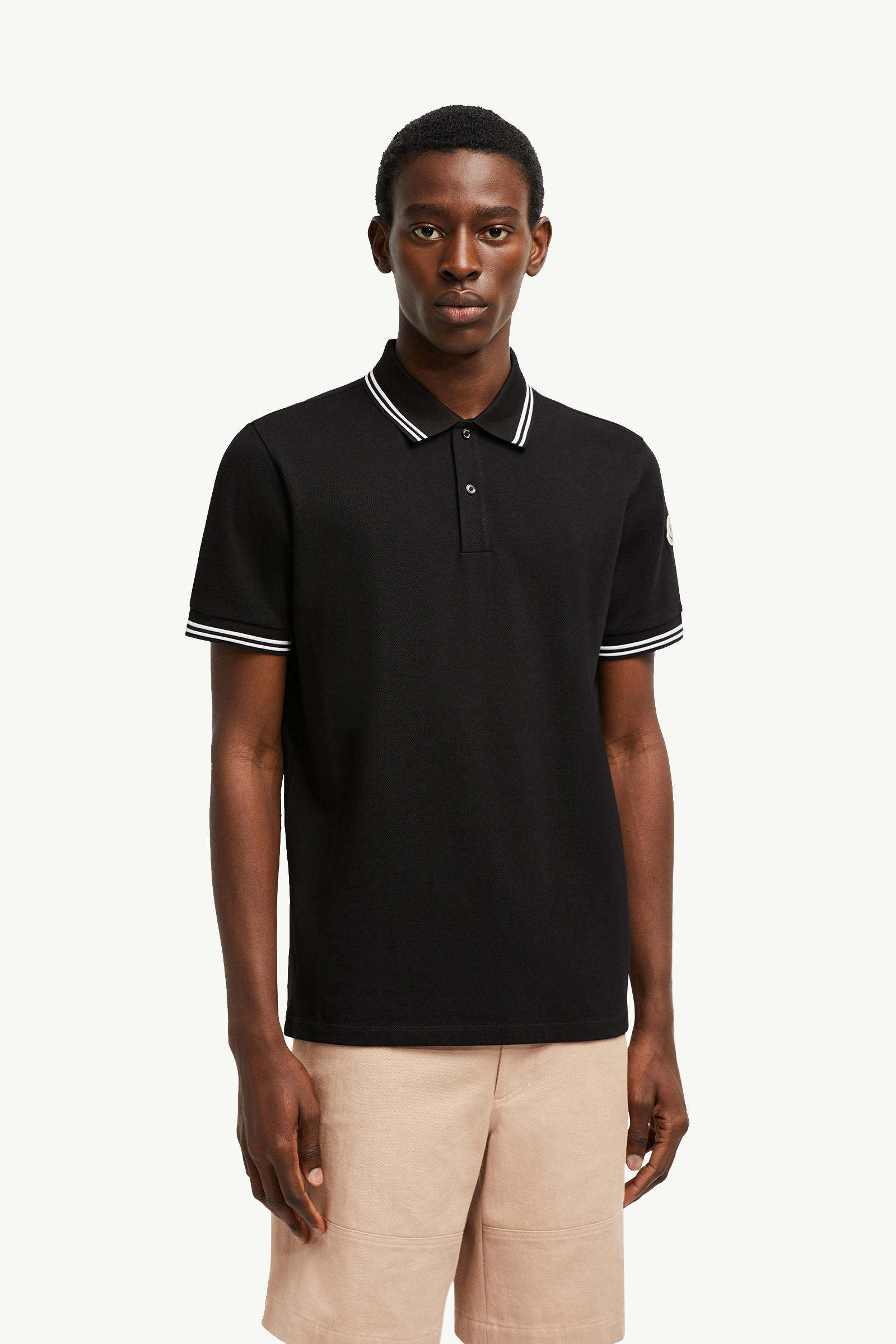Striped Trim Cotton Piquet Polo Shirt Men Black Moncler 3