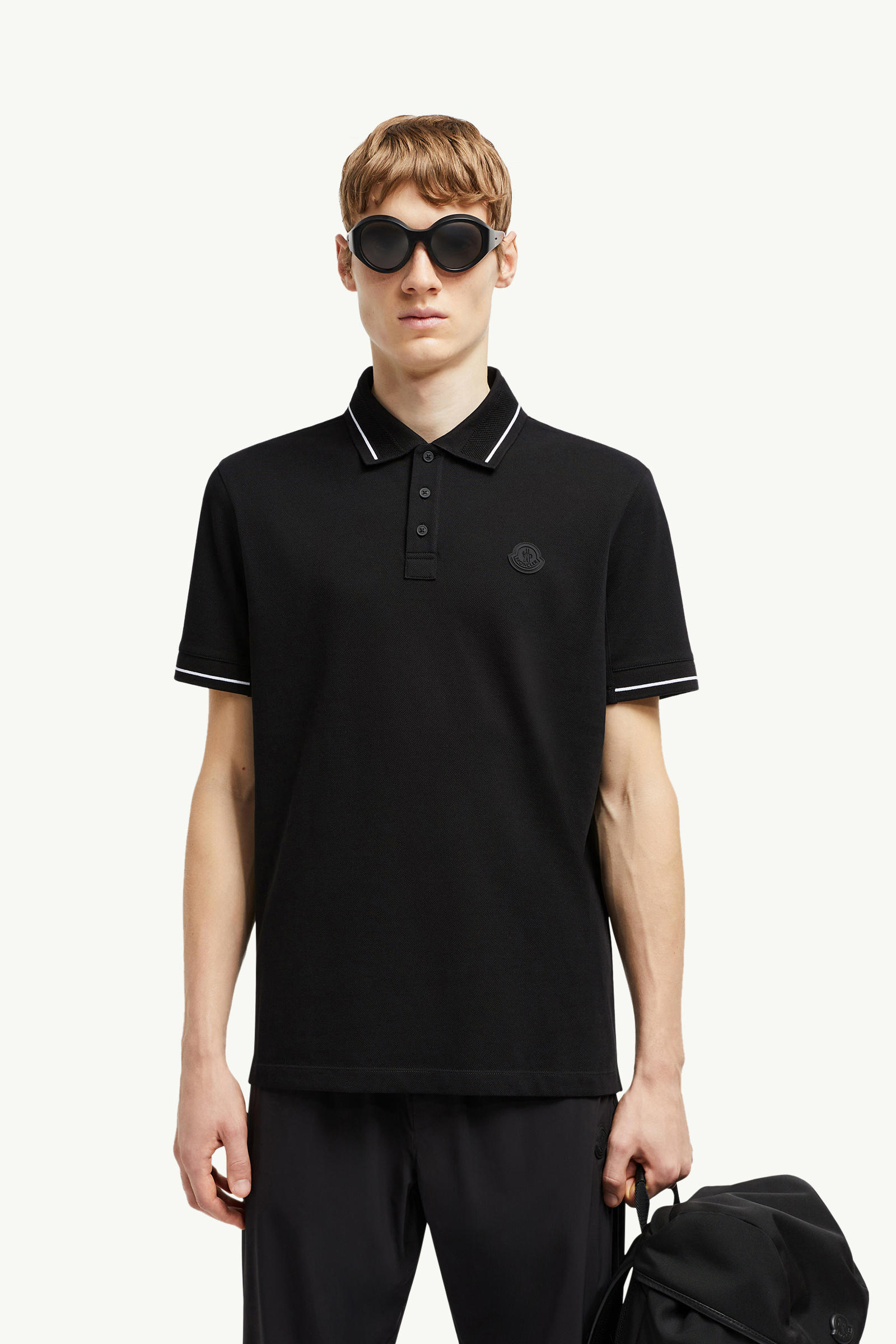 Logo Patch Cotton Polo Shirt Men Black Moncler 0