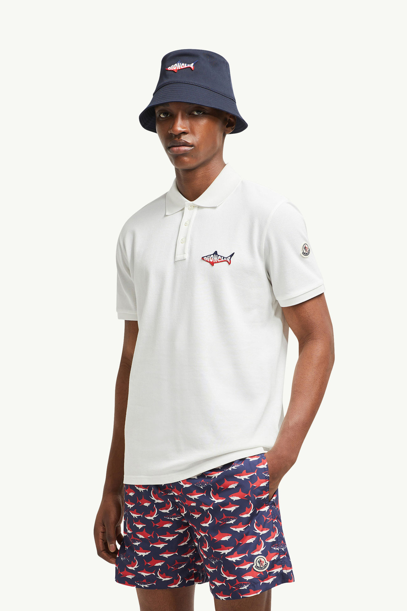 Shark Patch Cotton Piquet Polo Shirt Men White Moncler 0