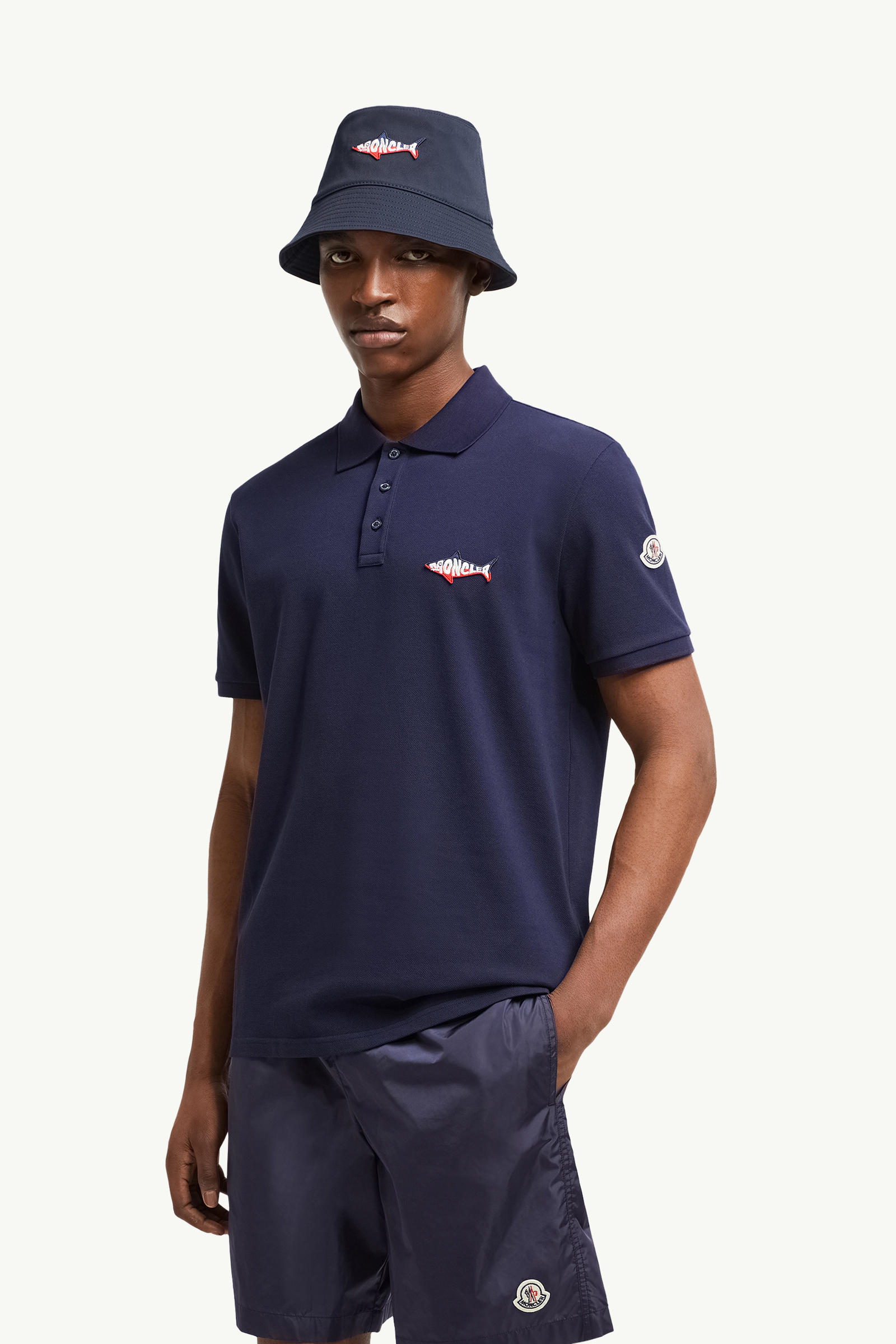 Shark Patch Cotton Piquet Polo Shirt Men Dark Blue Moncler 0