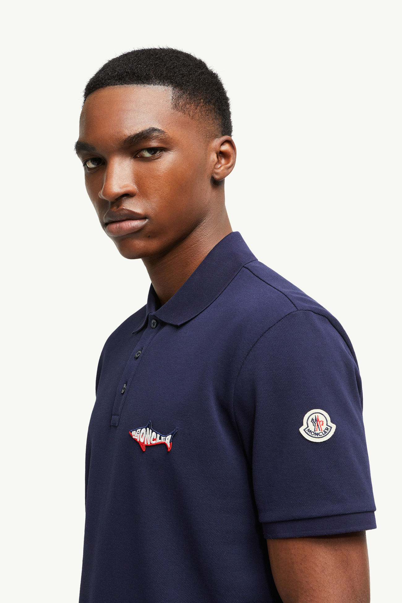 Shark Patch Cotton Piquet Polo Shirt Men Dark Blue Moncler 1