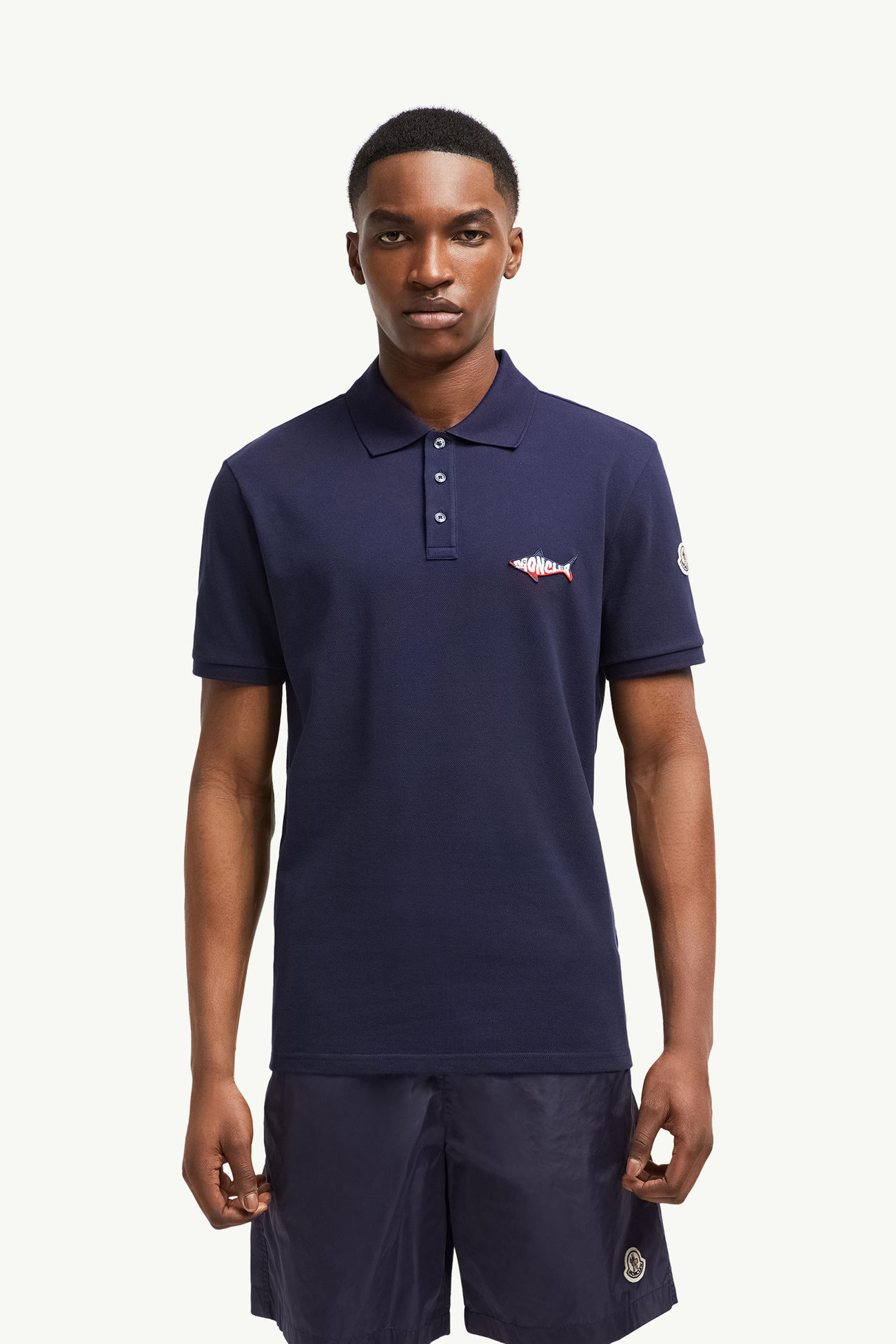 Shark Patch Cotton Piquet Polo Shirt Men Dark Blue Moncler 3