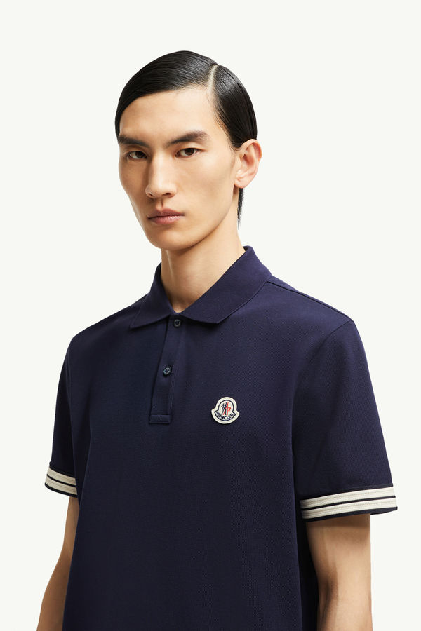 Striped Trim Cotton Piquet Polo Shirt Men Dark Blue Moncler 1