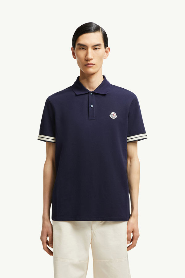 Striped Trim Cotton Piquet Polo Shirt Men Dark Blue Moncler 3