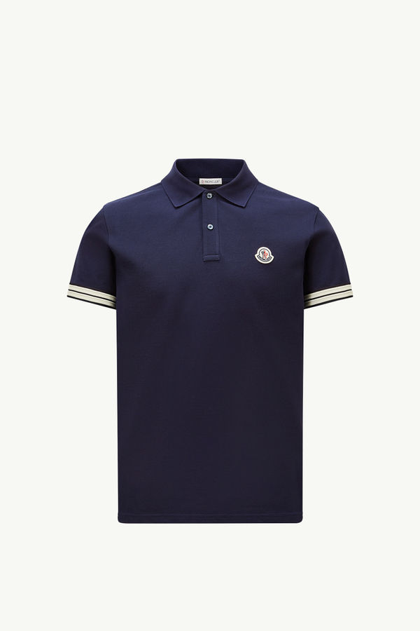 Striped Trim Cotton Piquet Polo Shirt Men Dark Blue Moncler 2