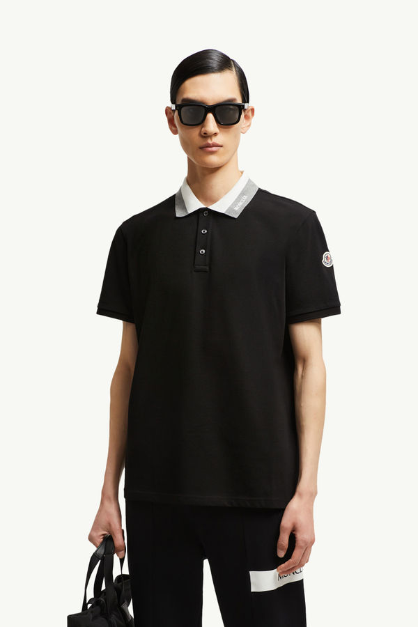 Embroidered Logo Cotton Piquet Polo Shirt Men Black Moncler 0