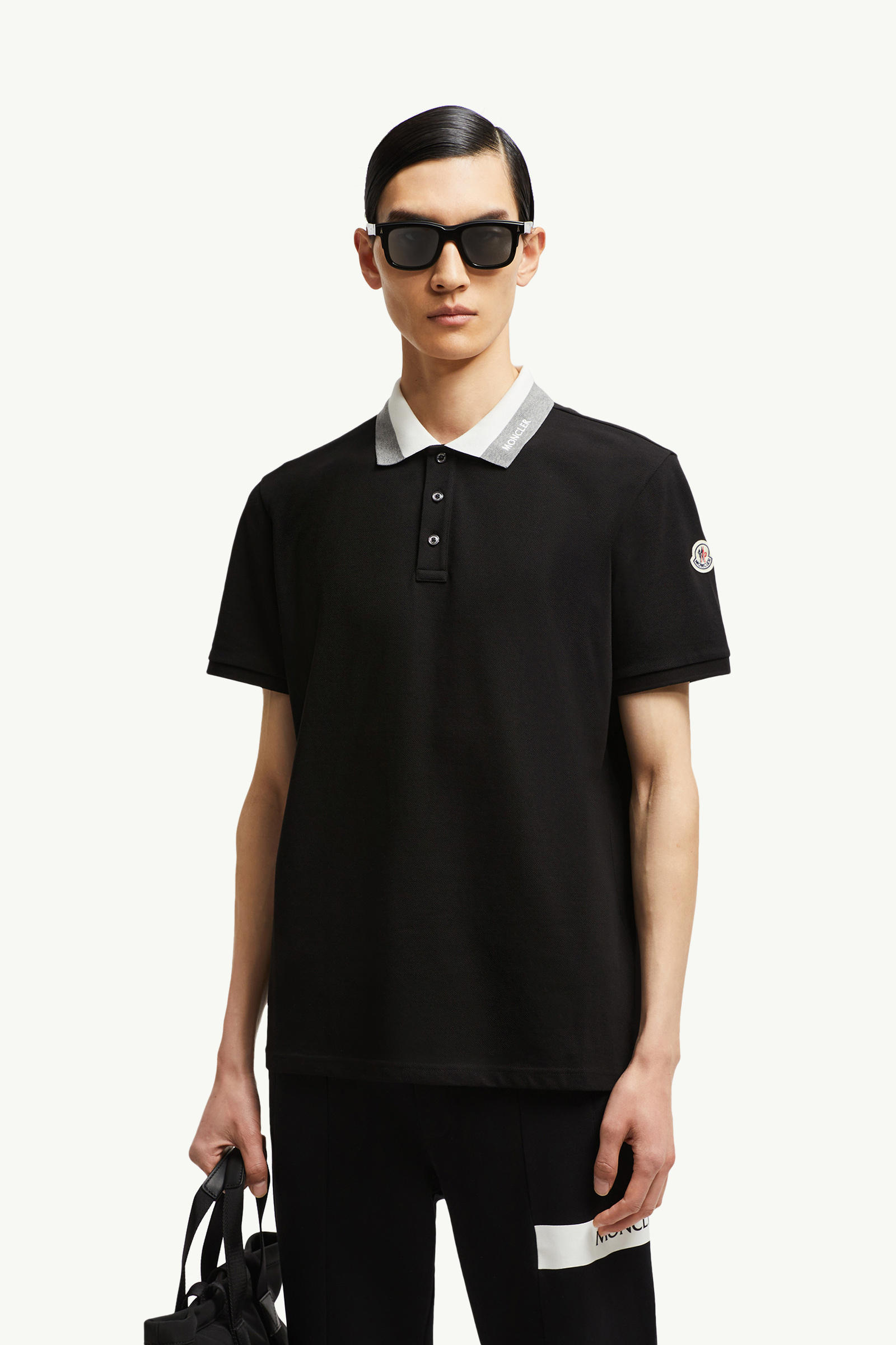 Embroidered Logo Cotton Piquet Polo Shirt Men Black Moncler 0