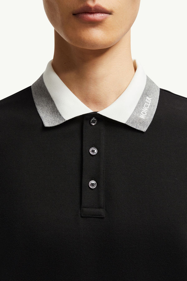 Embroidered Logo Cotton Piquet Polo Shirt Men Black Moncler 5