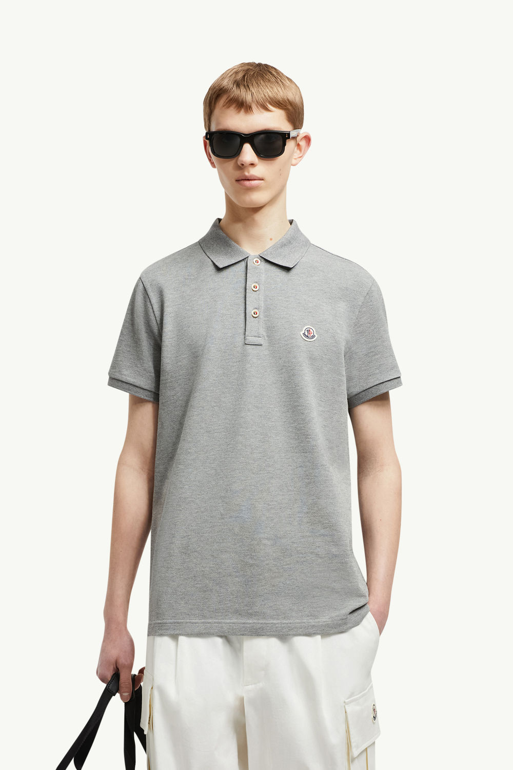 Logo Patch Cotton Polo Shirt Men Gray Moncler 0