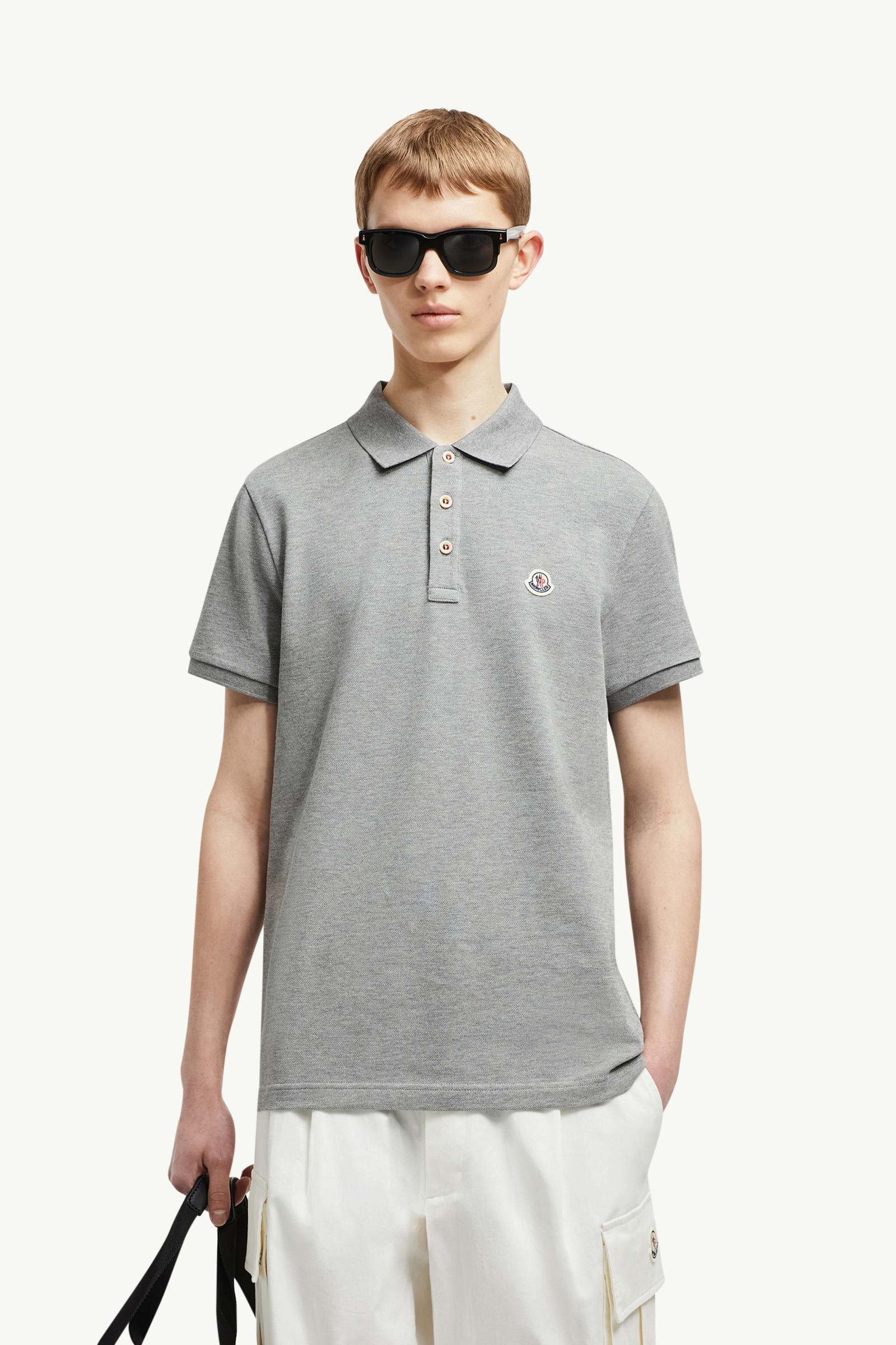 Logo Patch Cotton Polo Shirt Men Gray Moncler 0