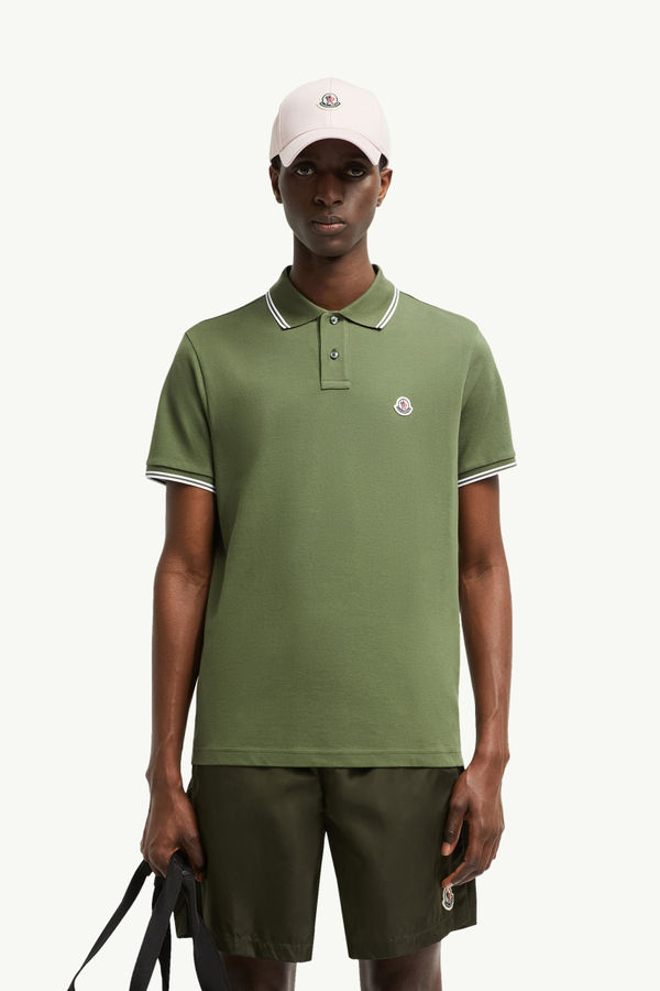 Logo Patch Cotton Polo Shirt Men Olive Green Moncler 0