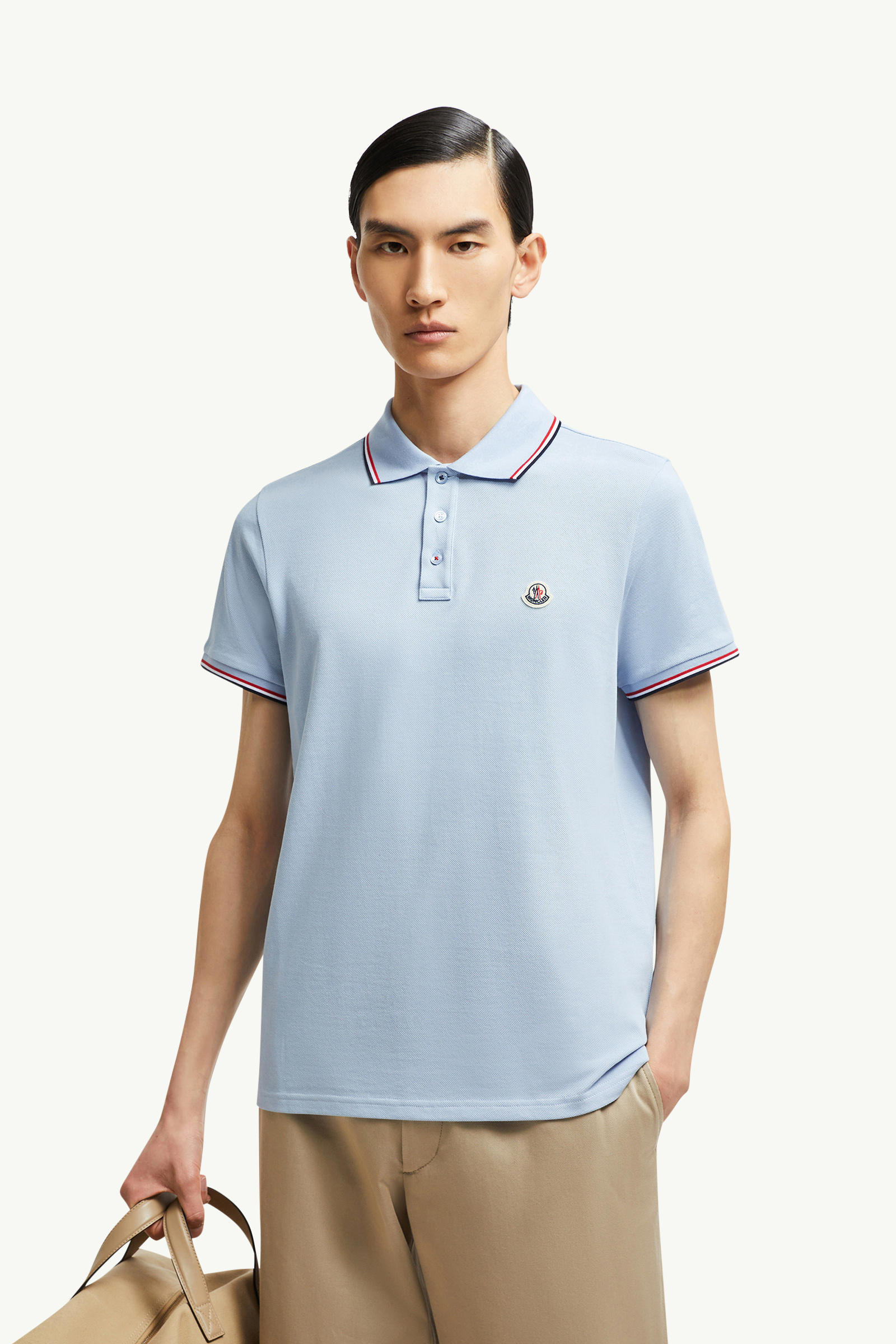 Tricolor-Trimmed Cotton Piquet Polo Shirt Men Light Blue Moncler 0