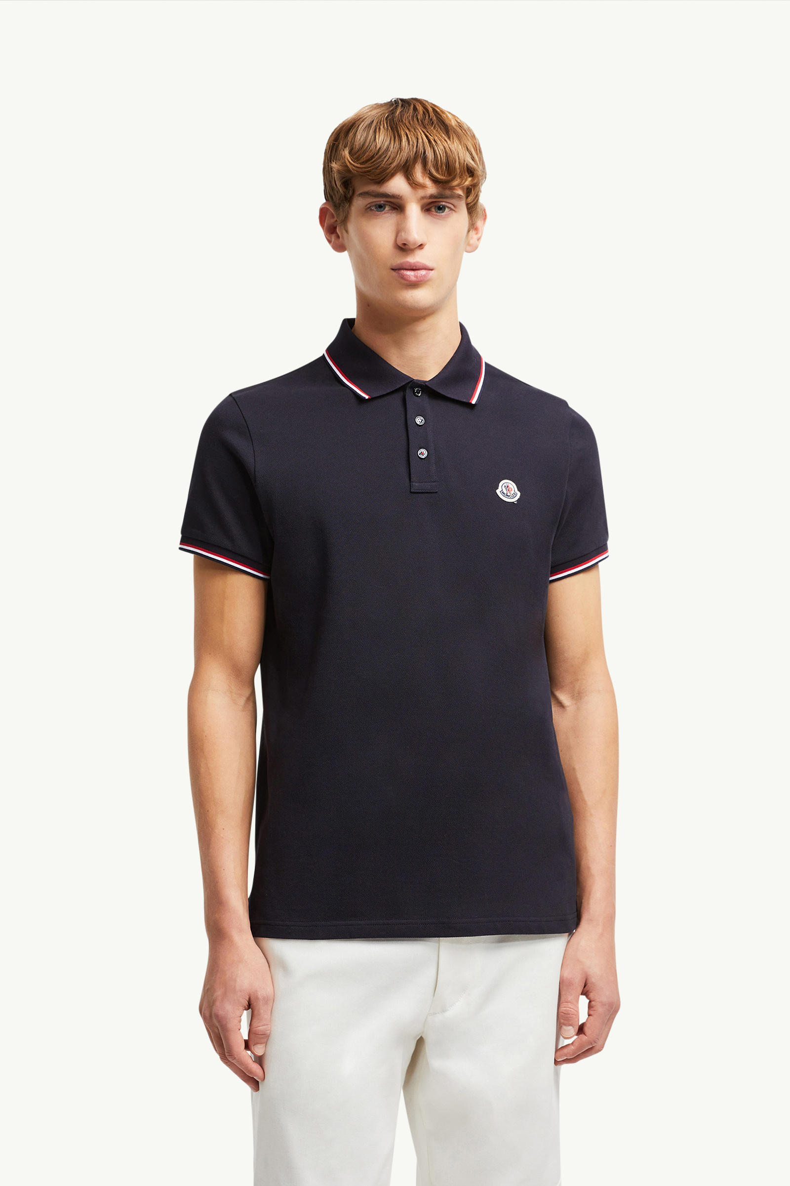 Tricolor-Trimmed Cotton Piquet Polo Shirt Men Dark Blue Moncler 3