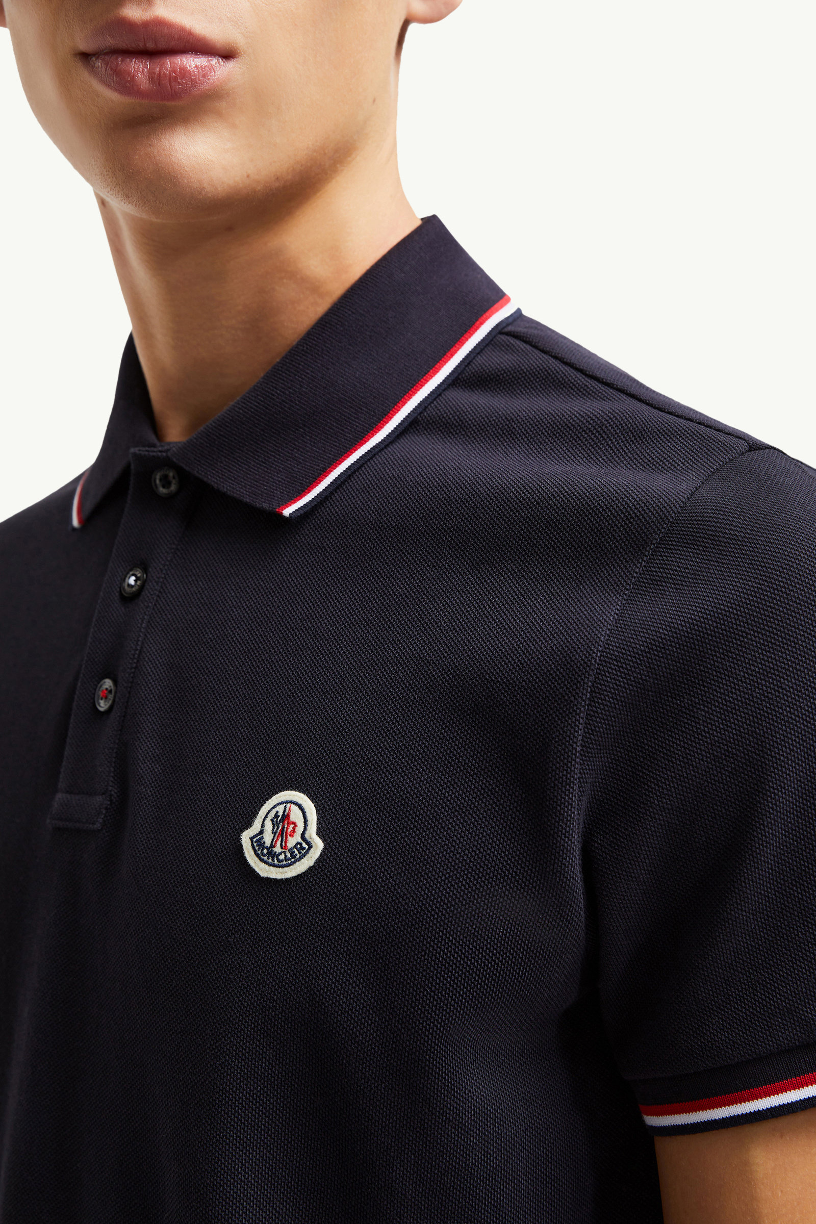 Tricolor-Trimmed Cotton Piquet Polo Shirt Men Dark Blue Moncler 5