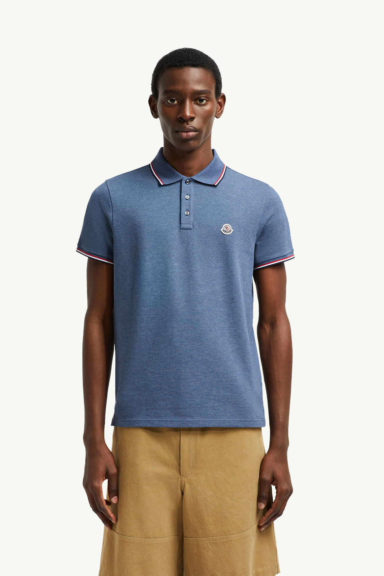 Tricolor-Trimmed Cotton Piquet Polo Shirt Men Pastel Blue Moncler 3