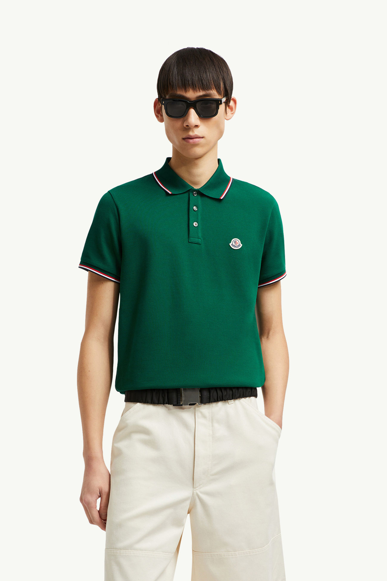 Polo in cotone piquet con finiture tricolore Uomo Verde Foglia Moncler 3