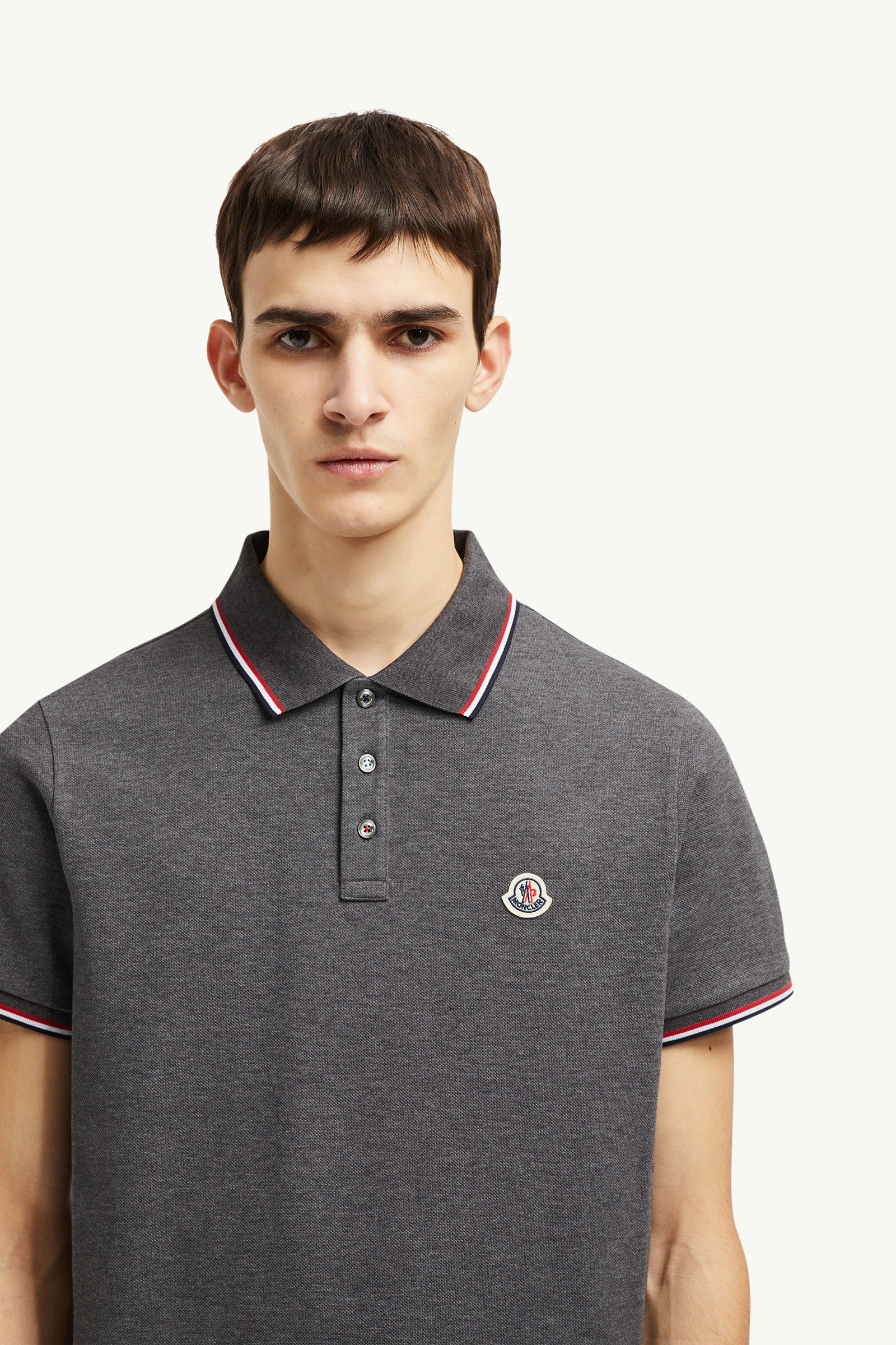 Tricolor-Trimmed Cotton Piquet Polo Shirt Men Dark Gray Moncler 1